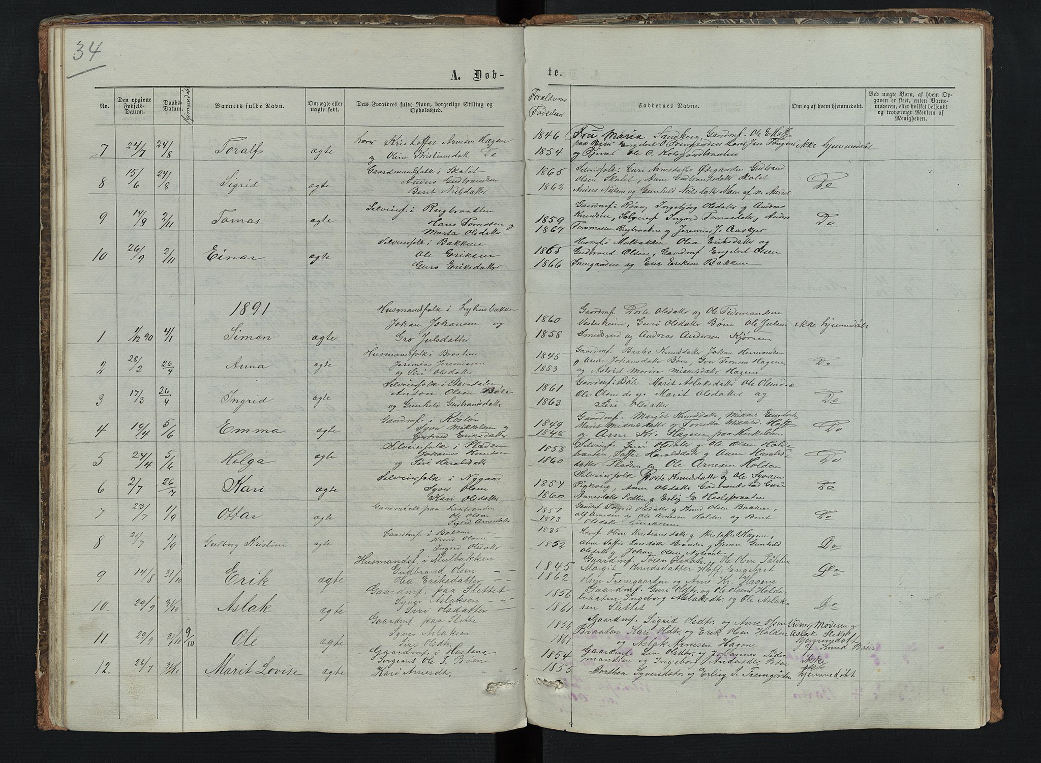 Sør-Aurdal prestekontor, SAH/PREST-128/H/Ha/Hab/L0006: Parish register (copy) no. 6, 1866-1893, p. 34
