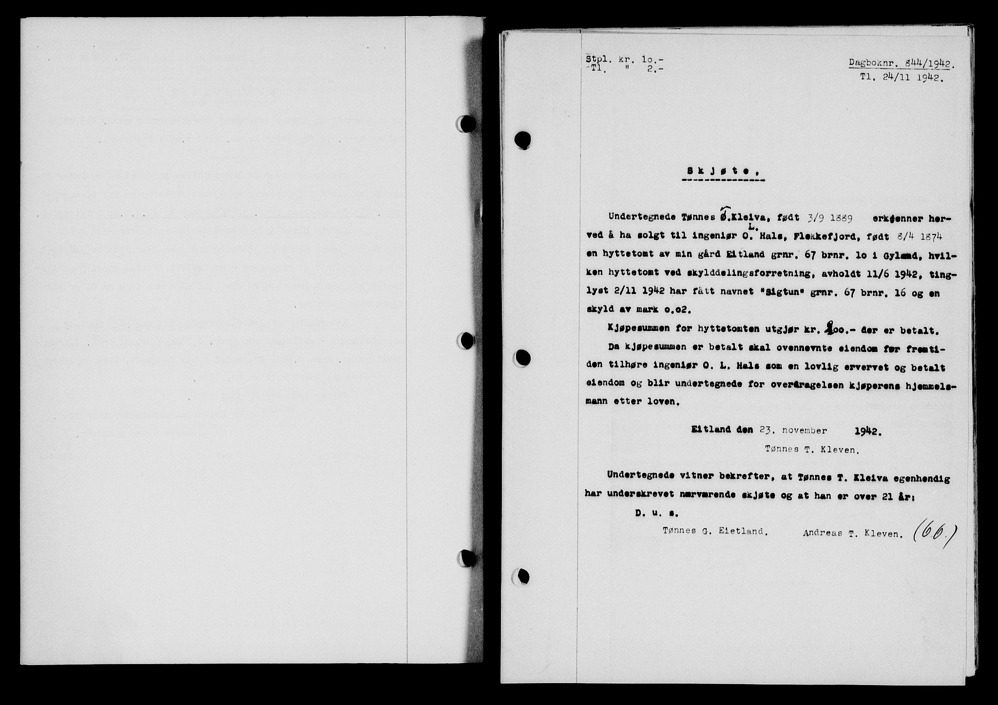 Flekkefjord sorenskriveri, SAK/1221-0001/G/Gb/Gba/L0058: Mortgage book no. A-6, 1942-1944, Diary no: : 844/1942