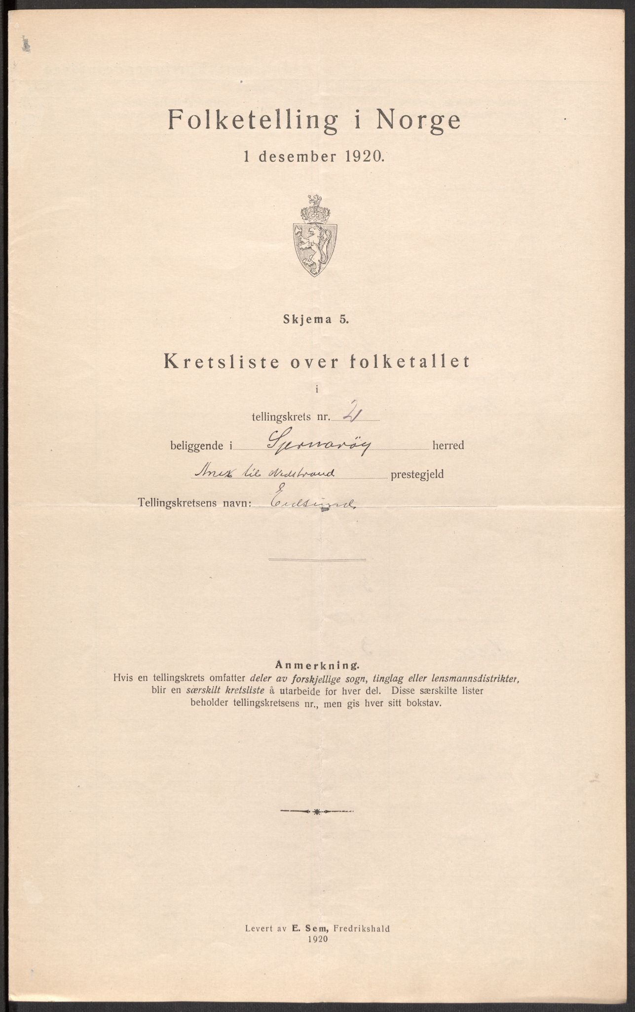 SAST, 1920 census for Sjernarøy, 1920, p. 16