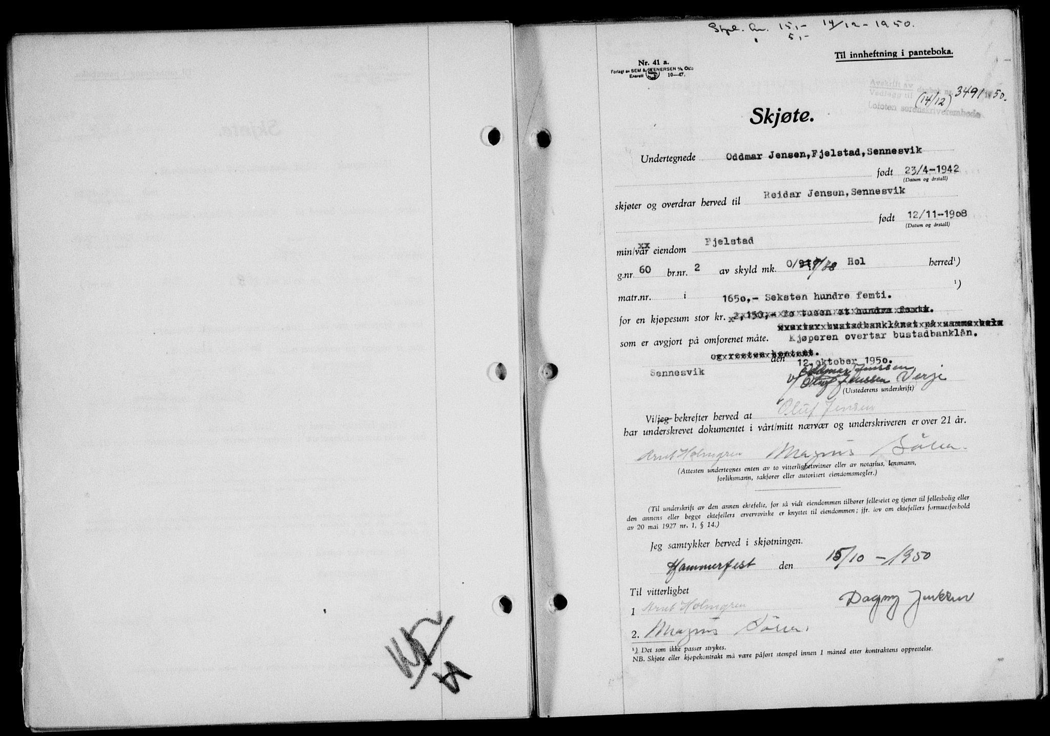 Lofoten sorenskriveri, SAT/A-0017/1/2/2C/L0025a: Mortgage book no. 25a, 1950-1951, Diary no: : 3491/1950