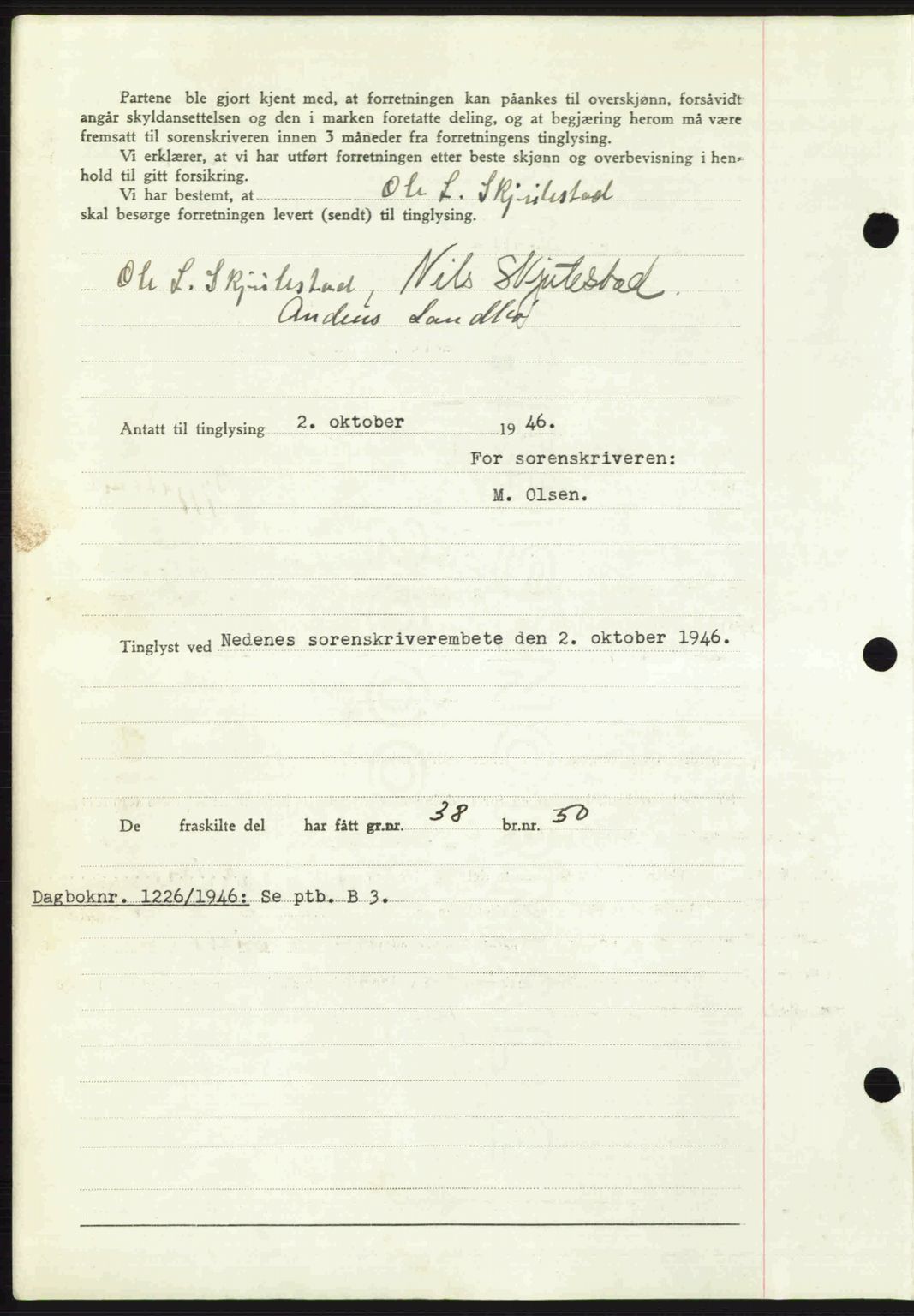 Nedenes sorenskriveri, AV/SAK-1221-0006/G/Gb/Gba/L0056: Mortgage book no. A8, 1946-1947, Diary no: : 1225/1946