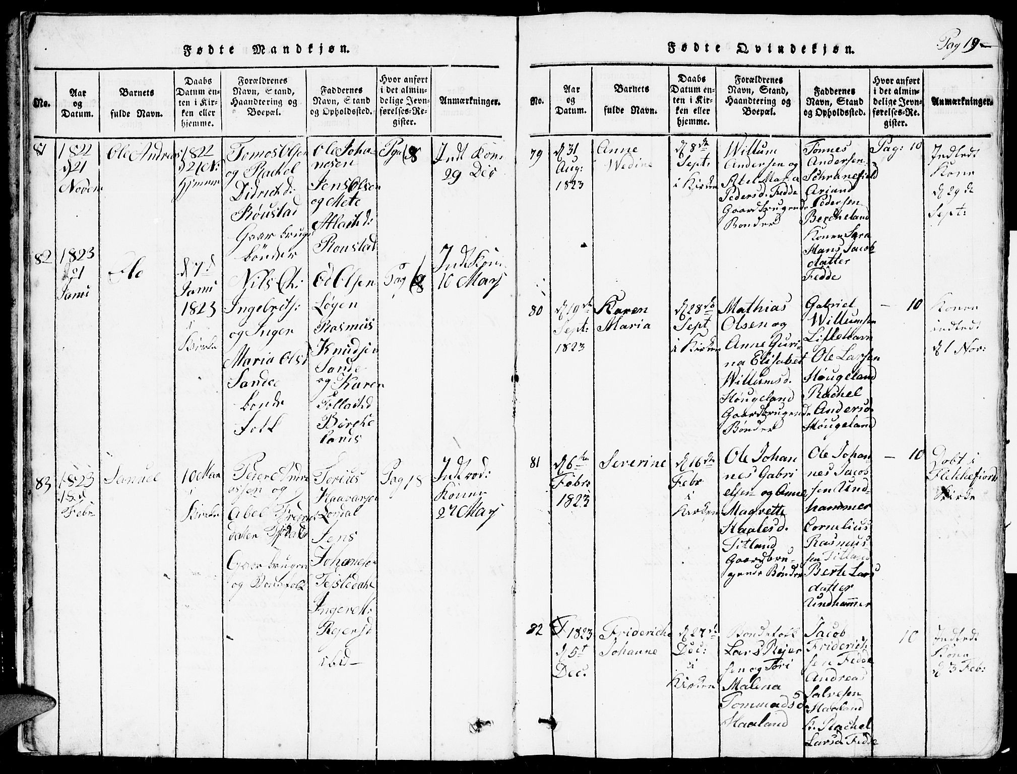 Kvinesdal sokneprestkontor, SAK/1111-0026/F/Fa/Faa/L0001: Parish register (official) no. A 1, 1815-1849, p. 19
