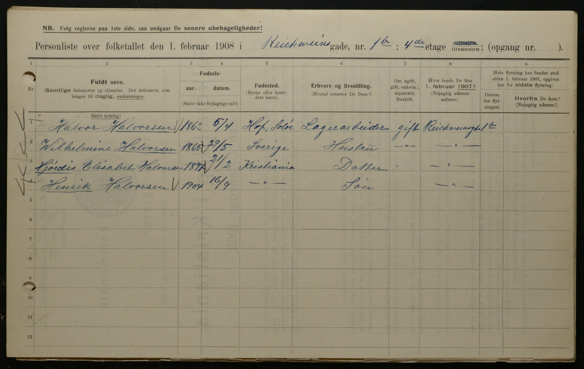 OBA, Municipal Census 1908 for Kristiania, 1908, p. 74307