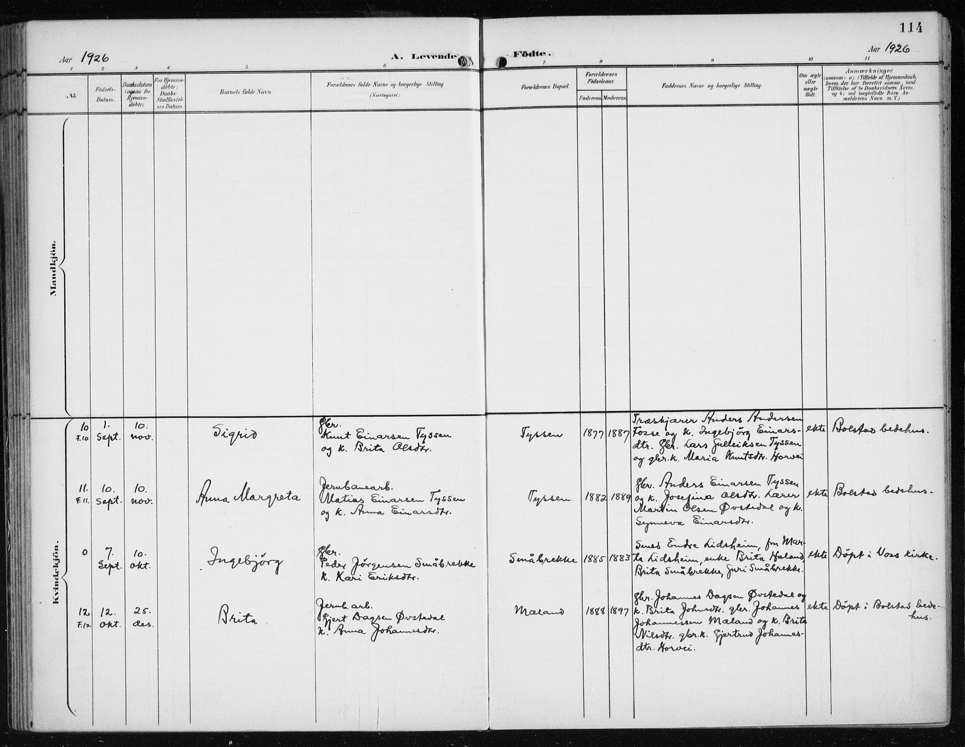 Evanger sokneprestembete, AV/SAB-A-99924: Parish register (official) no. A  3, 1900-1930, p. 114