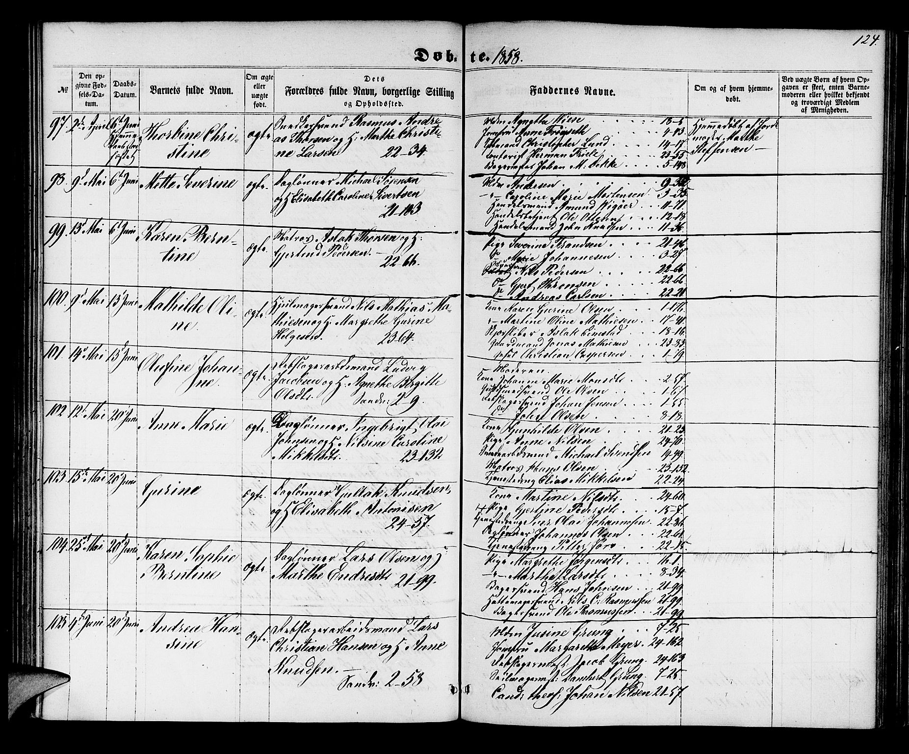 Korskirken sokneprestembete, AV/SAB-A-76101/H/Hab: Parish register (copy) no. B 4, 1858-1863, p. 124