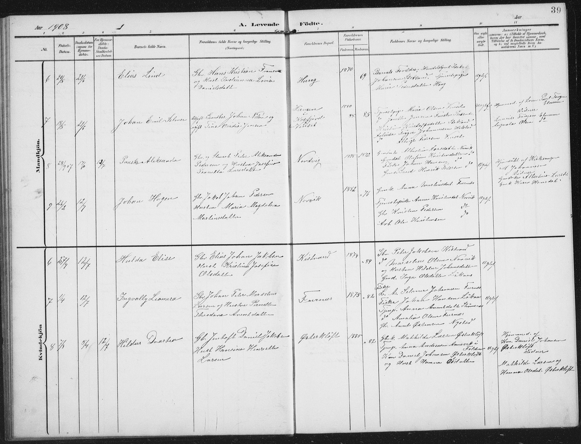 Ministerialprotokoller, klokkerbøker og fødselsregistre - Nordland, AV/SAT-A-1459/851/L0726: Parish register (copy) no. 851C01, 1902-1924, p. 39