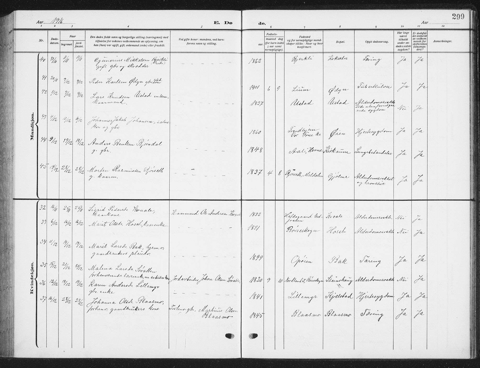 Ministerialprotokoller, klokkerbøker og fødselsregistre - Sør-Trøndelag, AV/SAT-A-1456/668/L0820: Parish register (copy) no. 668C09, 1912-1936, p. 299