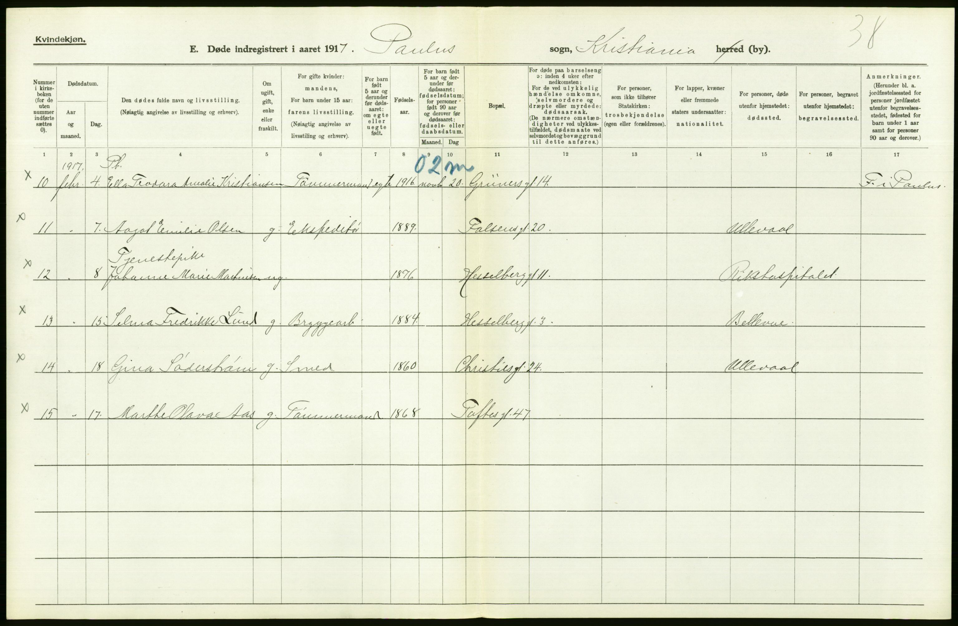 Statistisk sentralbyrå, Sosiodemografiske emner, Befolkning, AV/RA-S-2228/D/Df/Dfb/Dfbg/L0010: Kristiania: Døde, 1917, p. 186