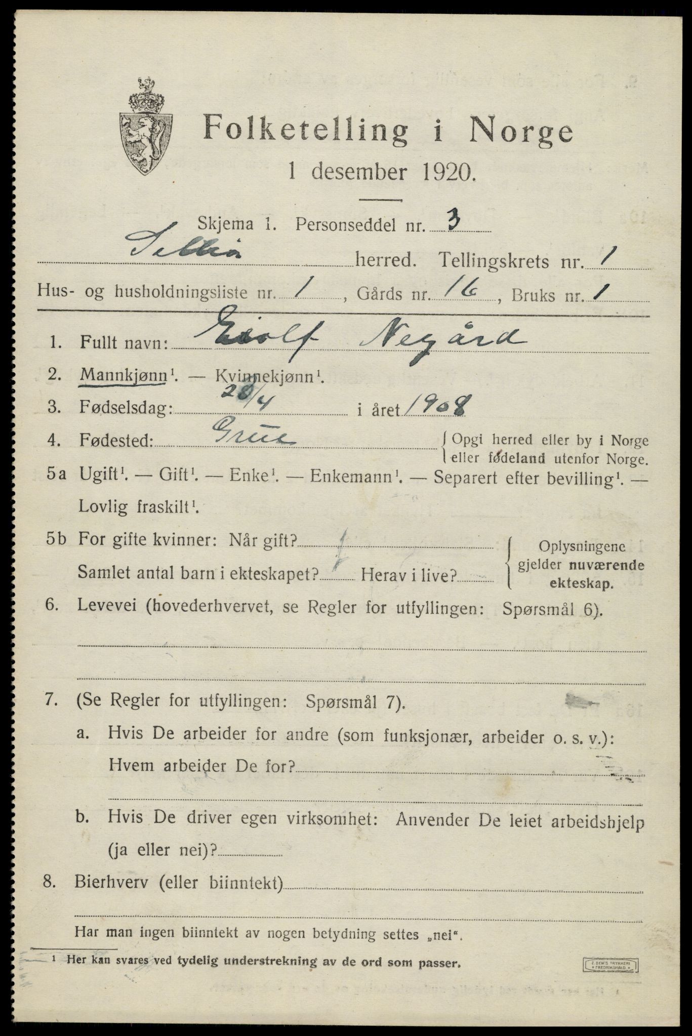 SAH, 1920 census for Sollia, 1920, p. 187