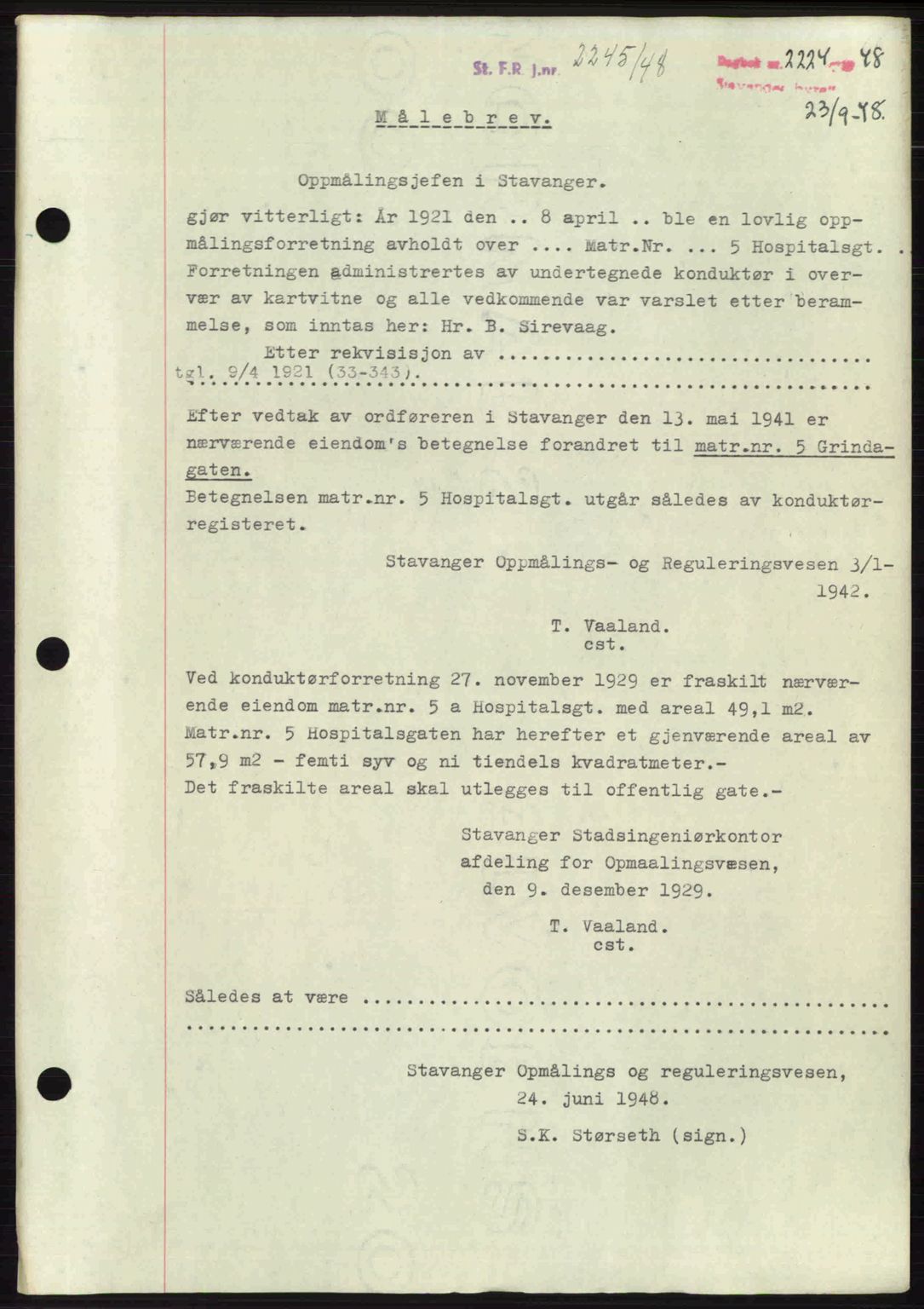 Stavanger byrett, SAST/A-100455/002/G/Gb/L0022: Mortgage book no. A11, 1947-1948, Diary no: : 2224/1948