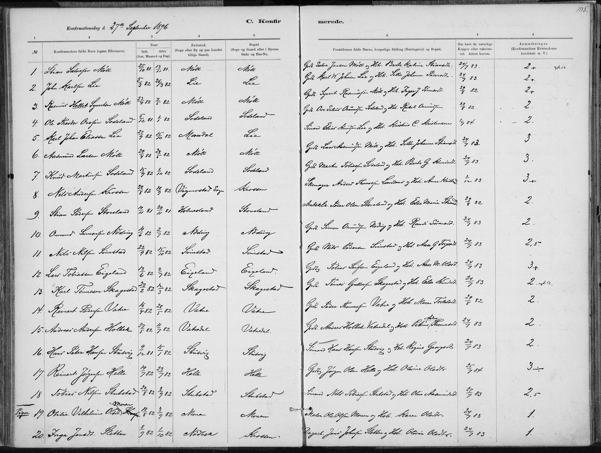 Holum sokneprestkontor, SAK/1111-0022/F/Fa/Faa/L0007: Parish register (official) no. A 7, 1884-1907, p. 105