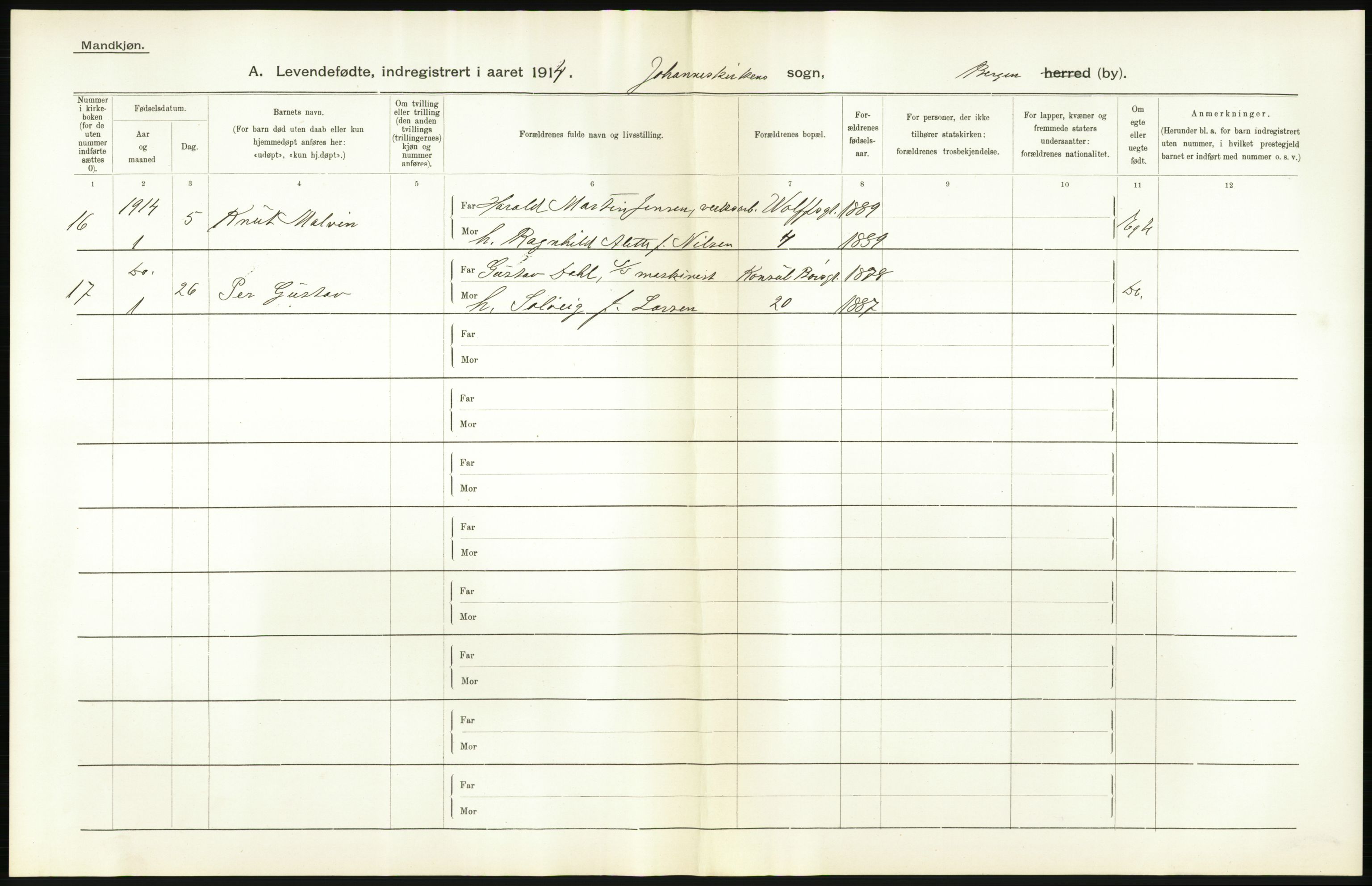 Statistisk sentralbyrå, Sosiodemografiske emner, Befolkning, AV/RA-S-2228/D/Df/Dfb/Dfbd/L0030: Bergen: Levendefødte menn og kvinner., 1914, p. 74