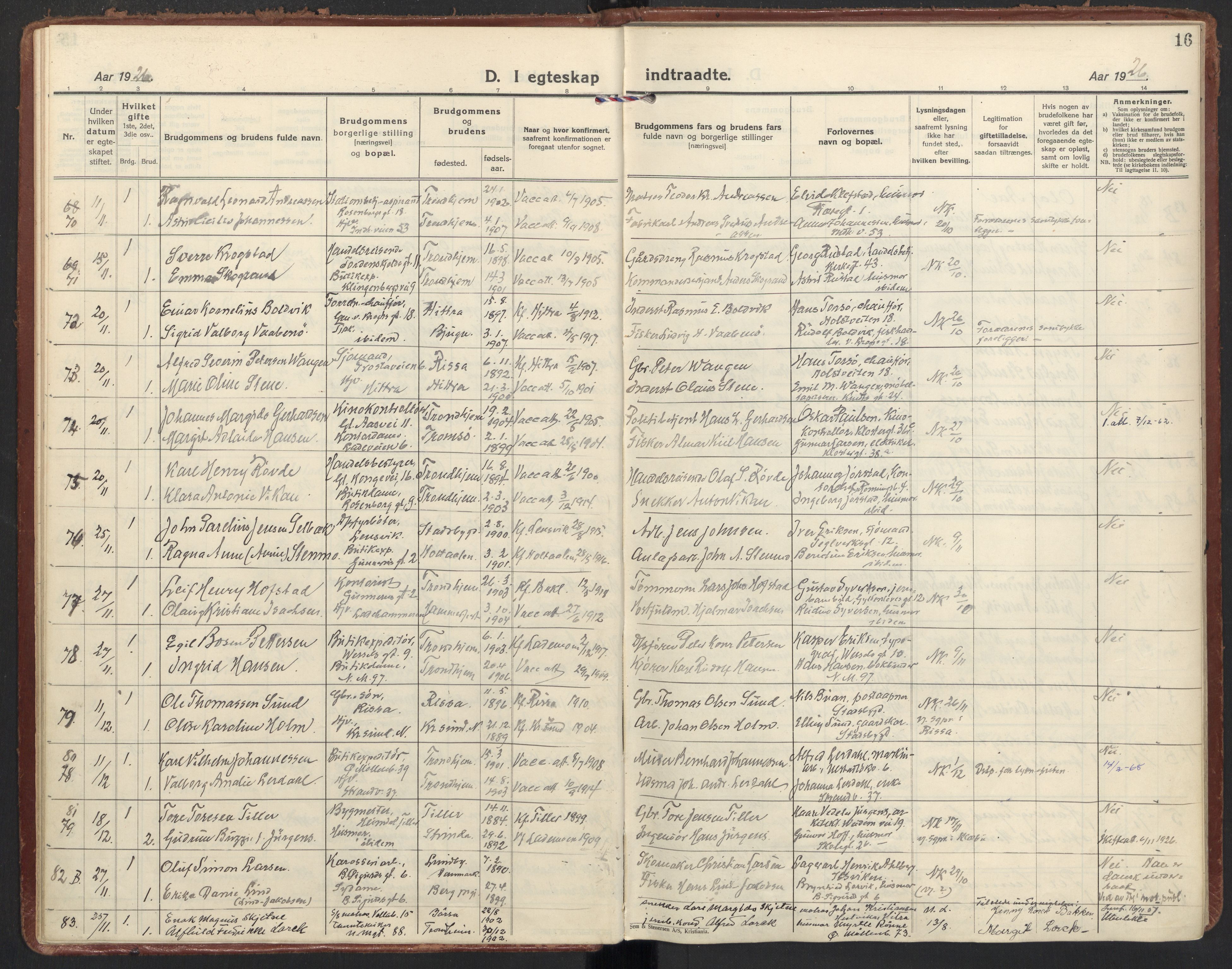 Ministerialprotokoller, klokkerbøker og fødselsregistre - Sør-Trøndelag, AV/SAT-A-1456/605/L0249: Parish register (official) no. 605A11, 1925-1936, p. 16