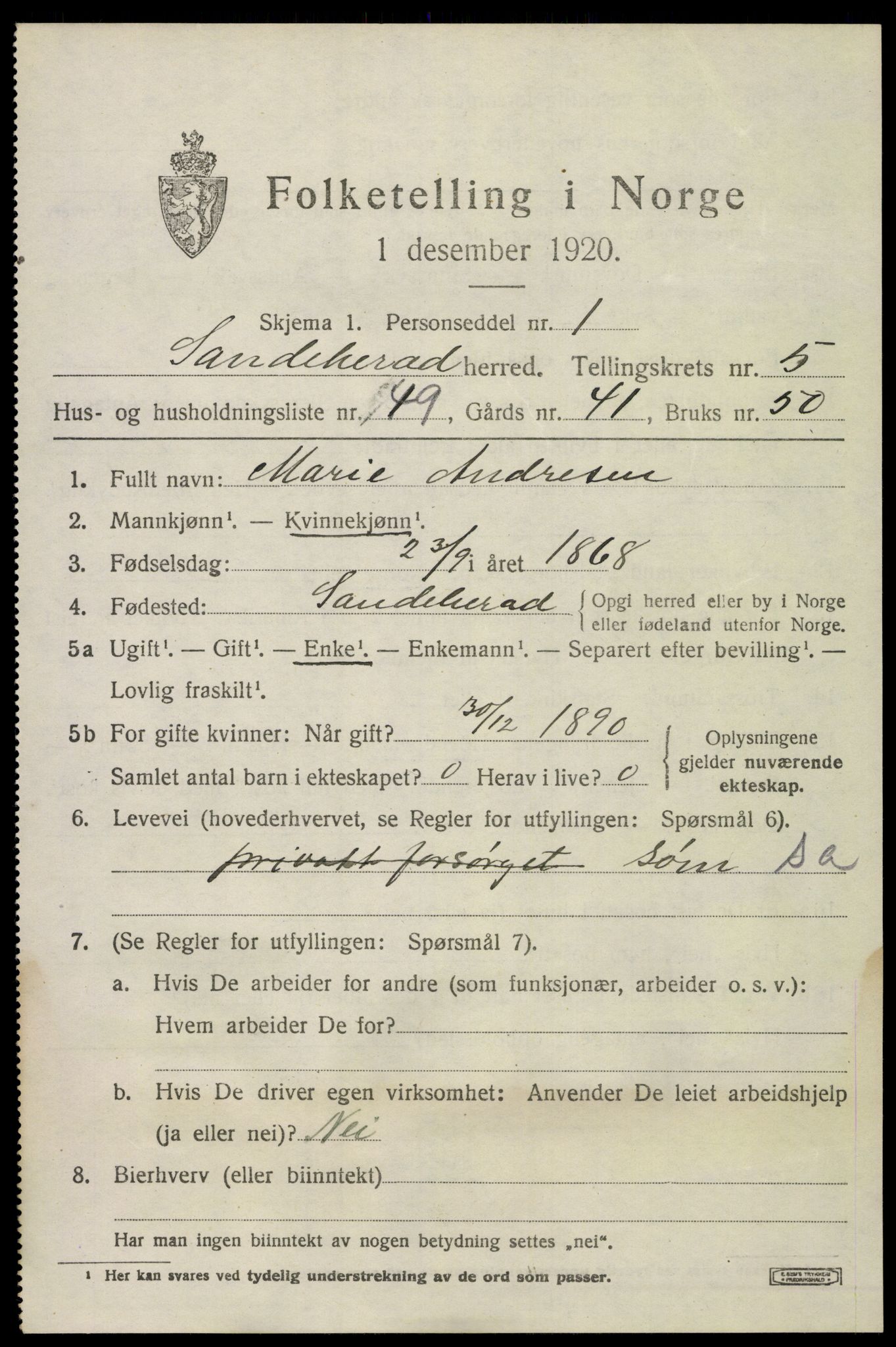 SAKO, 1920 census for Sandeherred, 1920, p. 8634