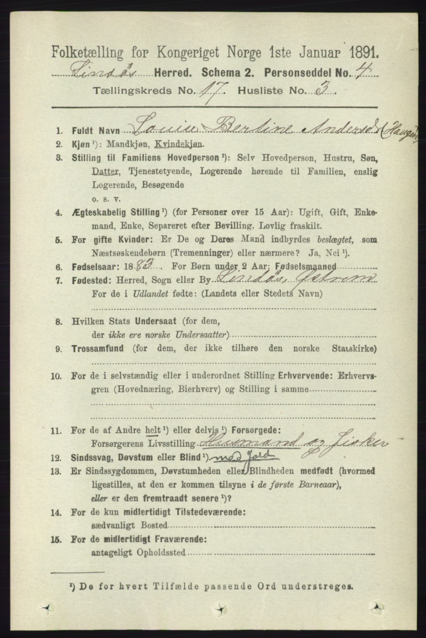 RA, 1891 census for 1263 Lindås, 1891, p. 6143