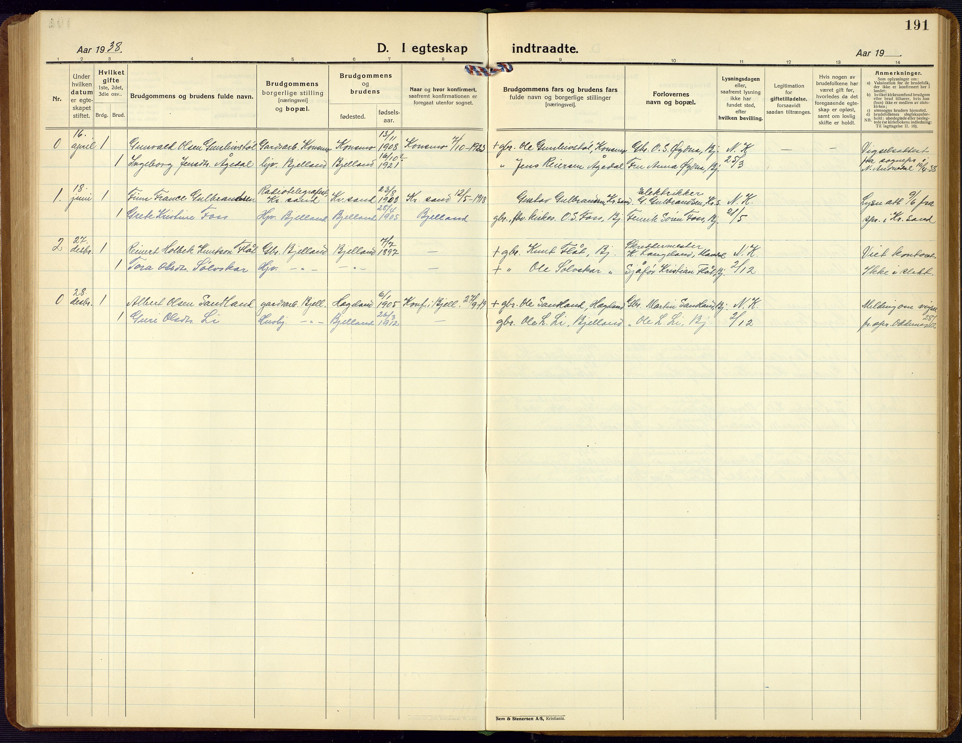 Bjelland sokneprestkontor, SAK/1111-0005/F/Fb/Fba/L0006: Parish register (copy) no. B 6, 1923-1956, p. 191