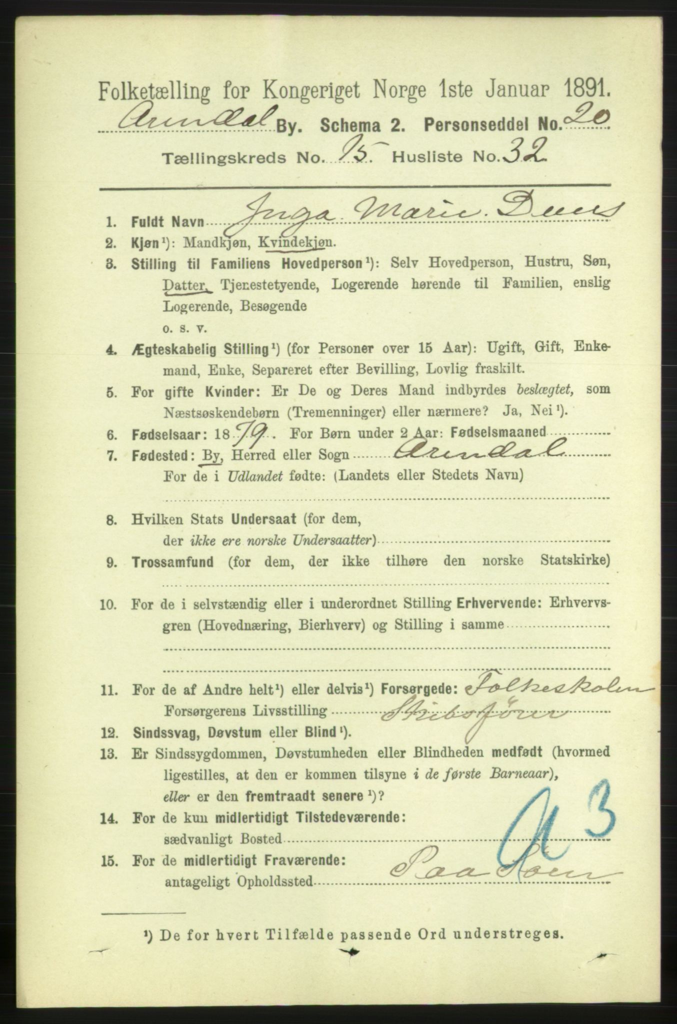 RA, 1891 census for 0903 Arendal, 1891, p. 5355