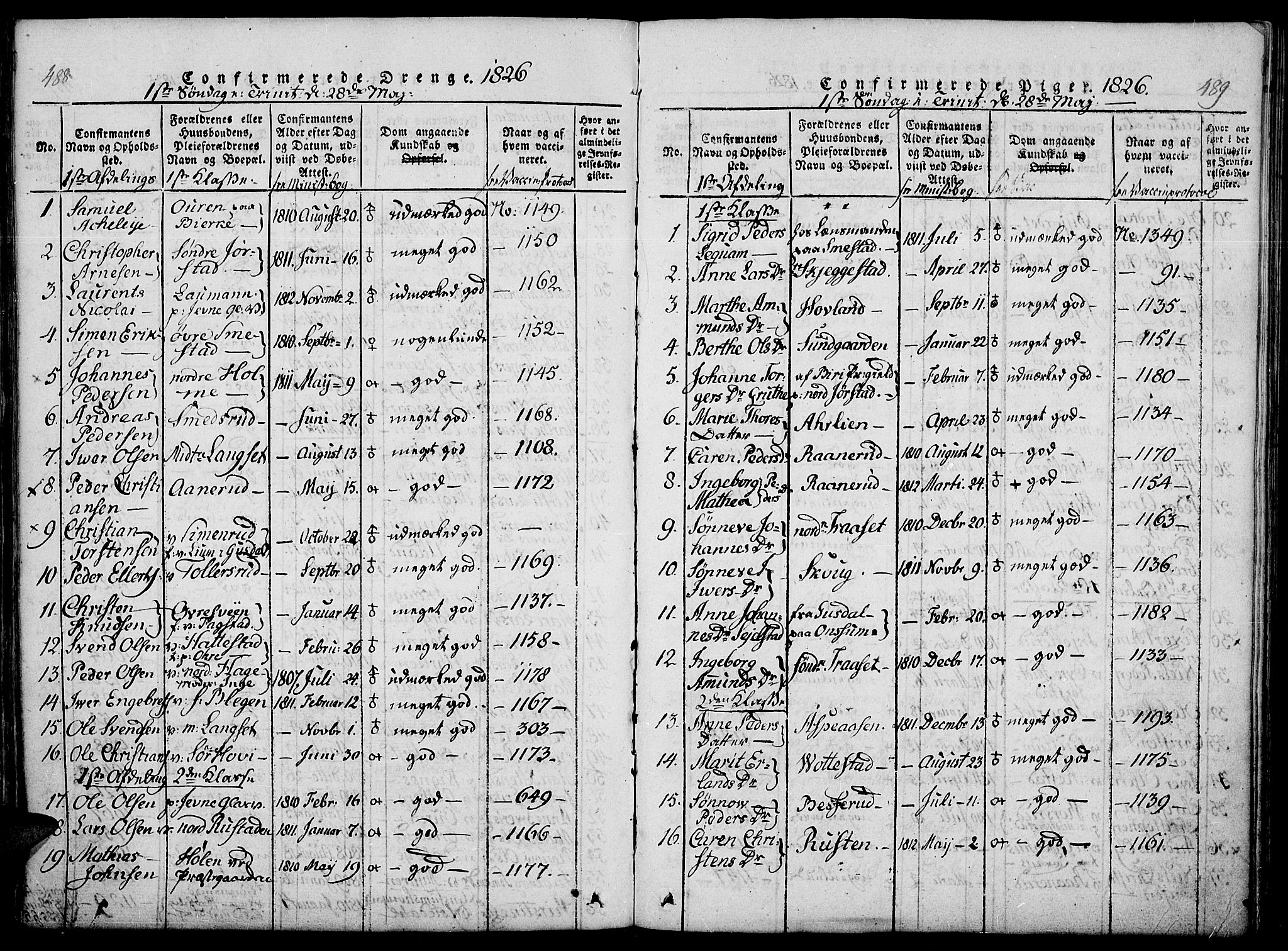 Fåberg prestekontor, SAH/PREST-086/H/Ha/Haa/L0003: Parish register (official) no. 3, 1818-1833, p. 488-489