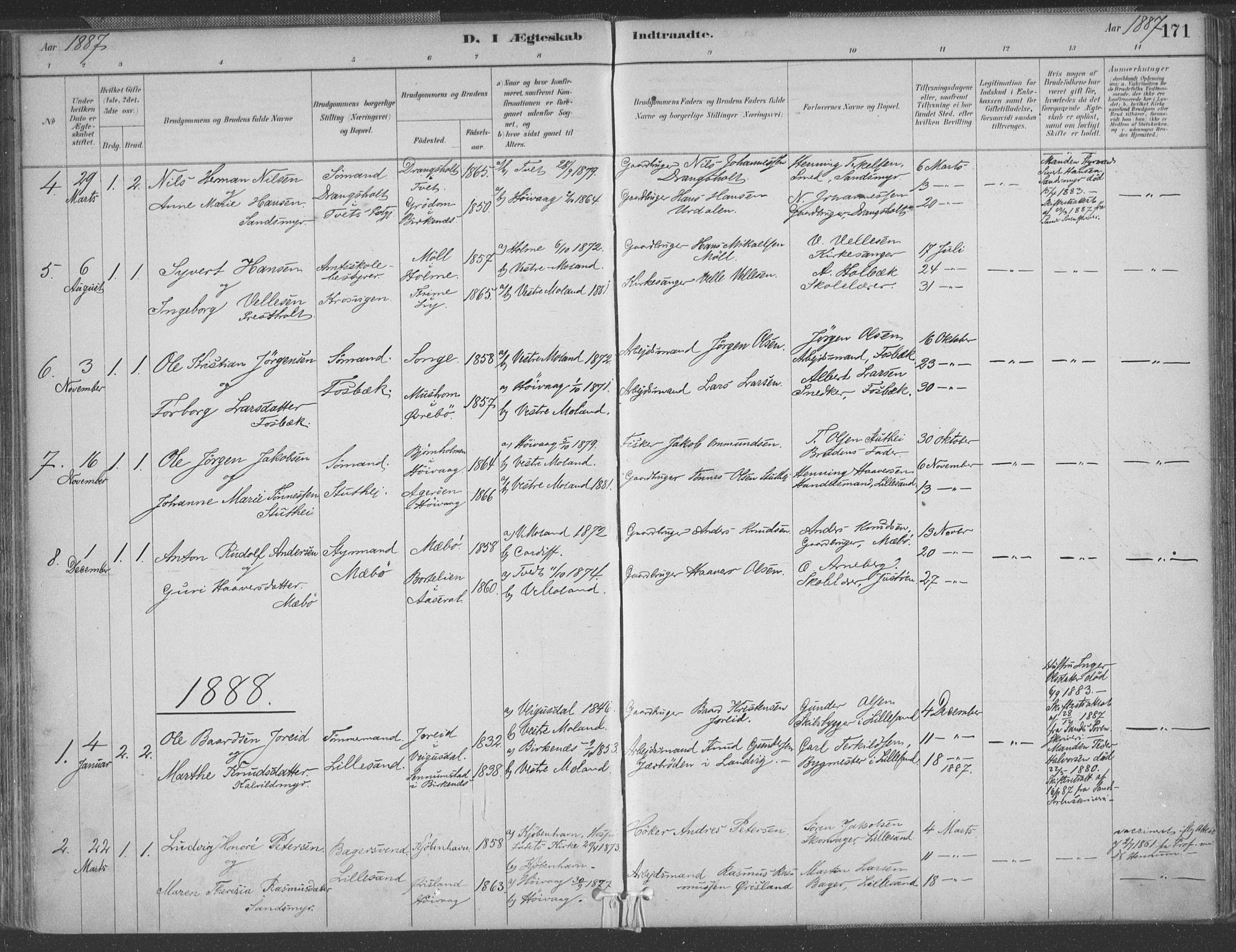 Vestre Moland sokneprestkontor, AV/SAK-1111-0046/F/Fa/Fab/L0009: Parish register (official) no. A 9, 1884-1899, p. 171