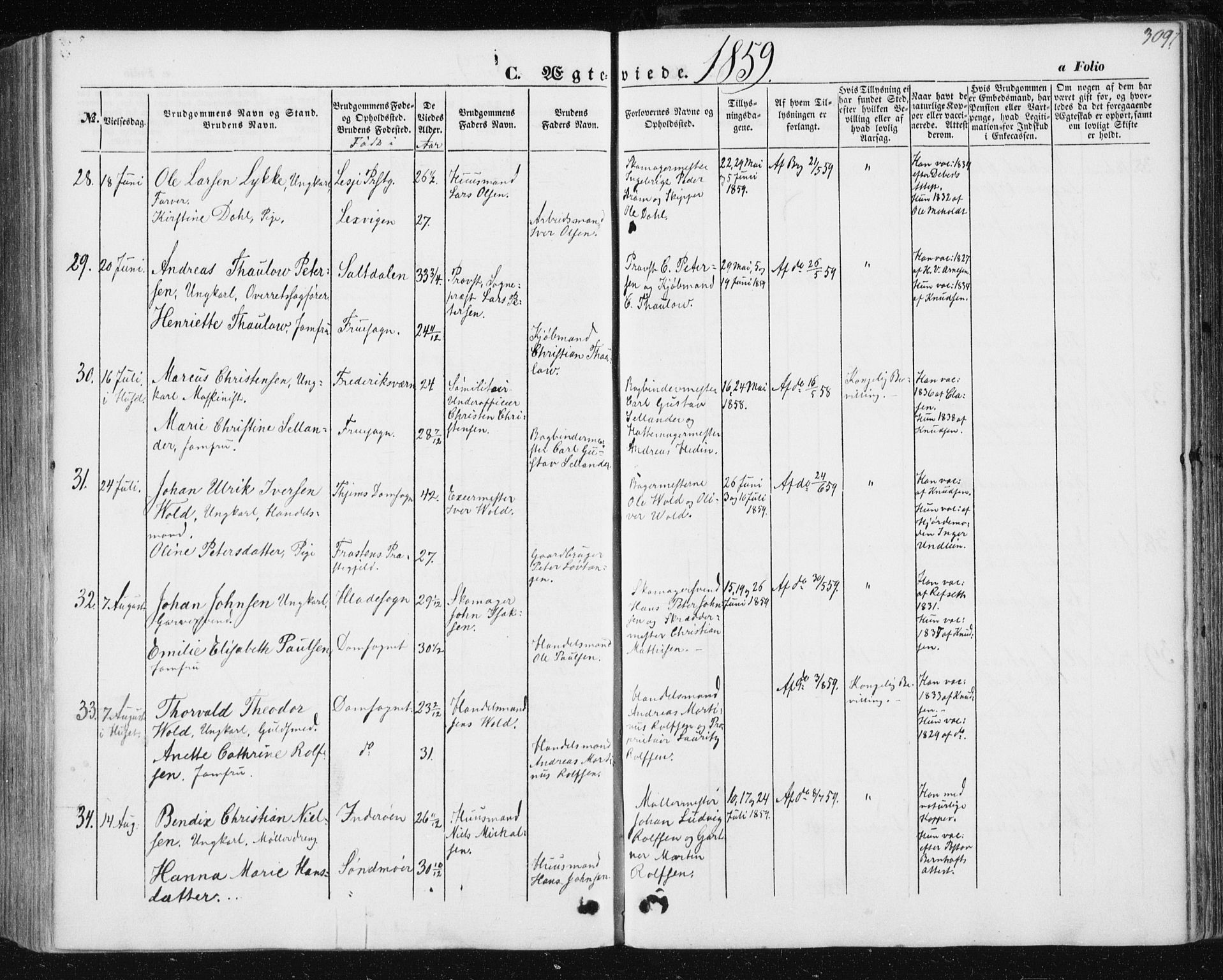 Ministerialprotokoller, klokkerbøker og fødselsregistre - Sør-Trøndelag, AV/SAT-A-1456/602/L0112: Parish register (official) no. 602A10, 1848-1859, p. 309