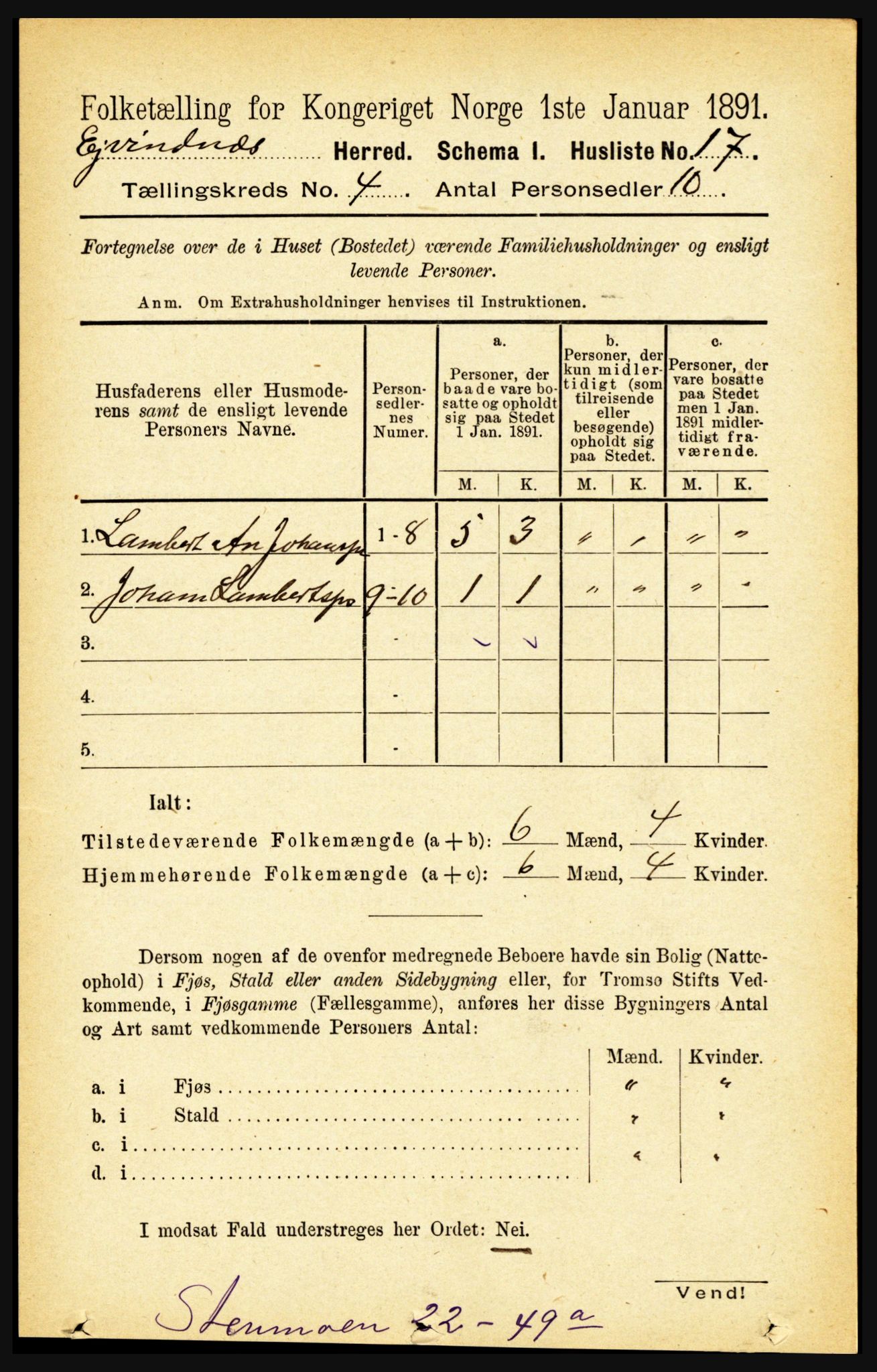 RA, 1891 census for 1853 Evenes, 1891, p. 1192