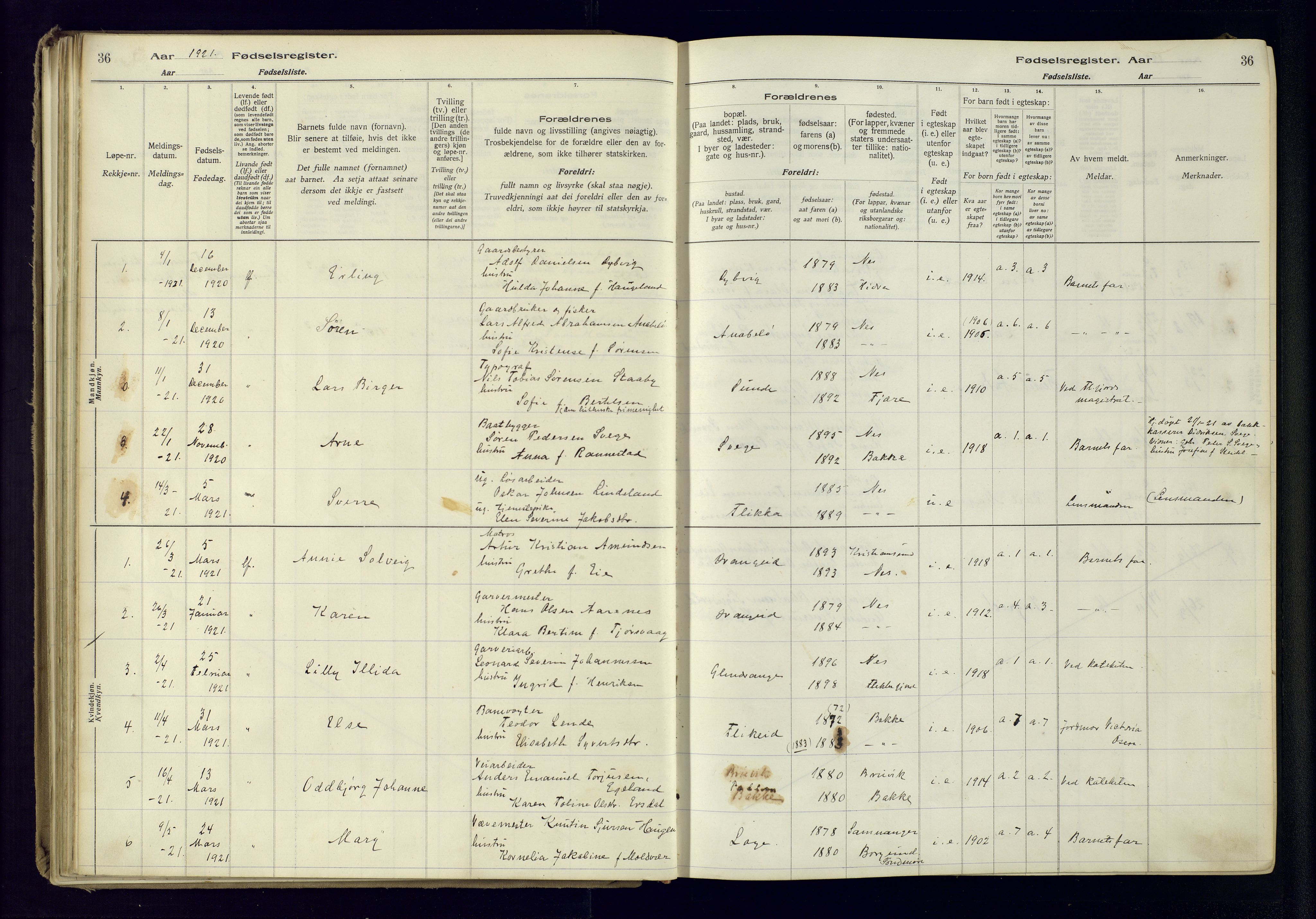 Flekkefjord sokneprestkontor, SAK/1111-0012/J/Ja/L0005: Birth register no. 5, 1916-1950, p. 36