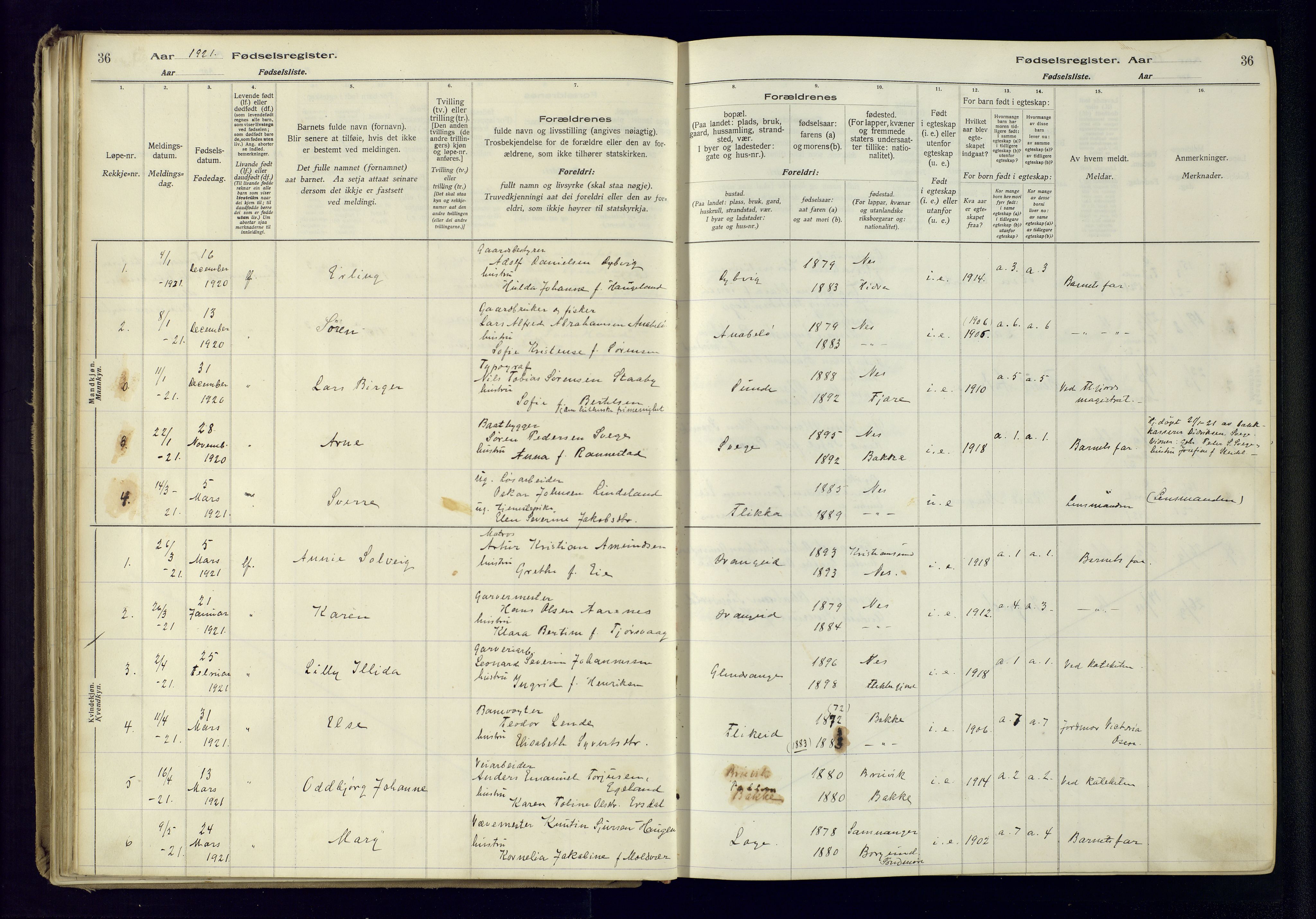 Flekkefjord sokneprestkontor, AV/SAK-1111-0012/J/Ja/L0005: Birth register no. 5, 1916-1950, p. 36