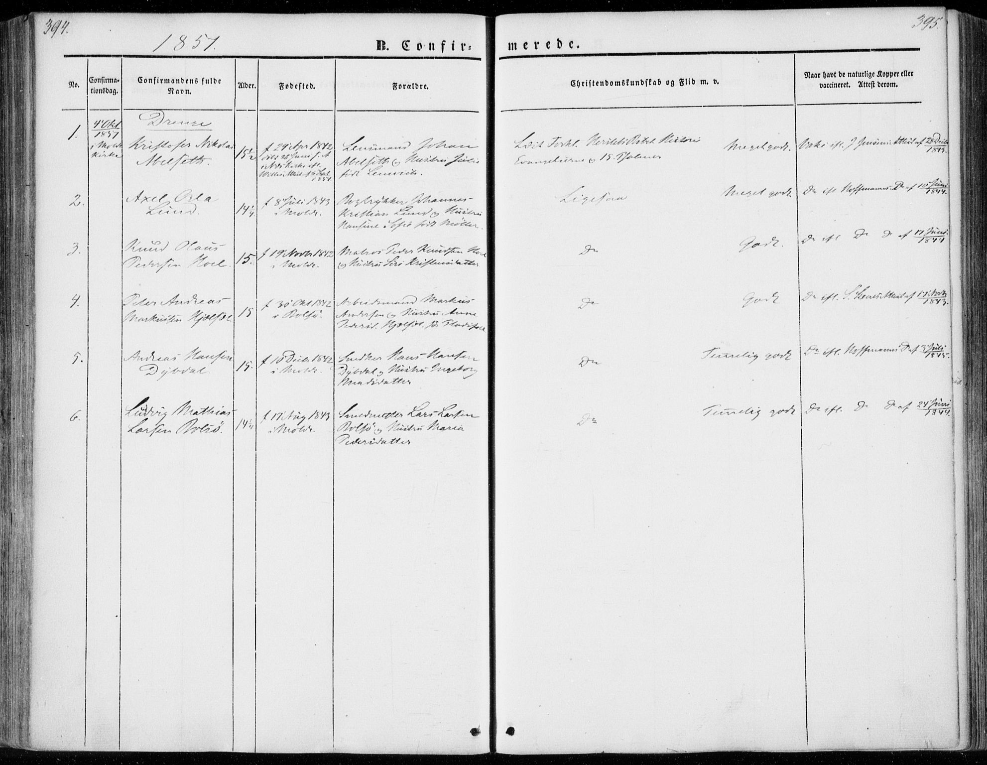 Ministerialprotokoller, klokkerbøker og fødselsregistre - Møre og Romsdal, SAT/A-1454/558/L0689: Parish register (official) no. 558A03, 1843-1872, p. 394-395