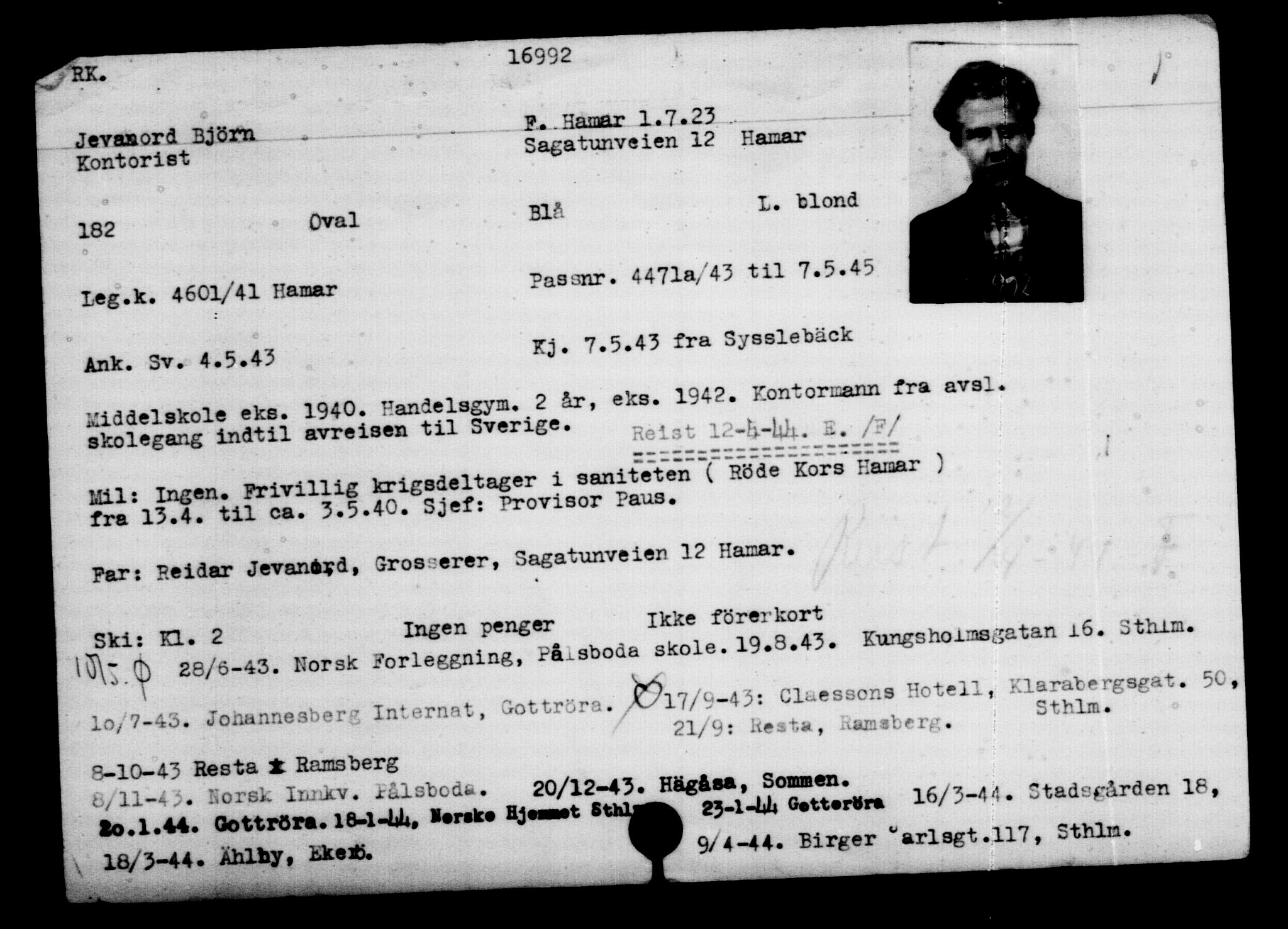 Utenriksstasjonene, Legasjonen i Stockholm, Flyktningkontoret, AV/RA-S-6753/V/Va/L0008: Kjesäterkartoteket, flyktninger med registreringsnr. 15700-18547, 1940-1945, p. 1413