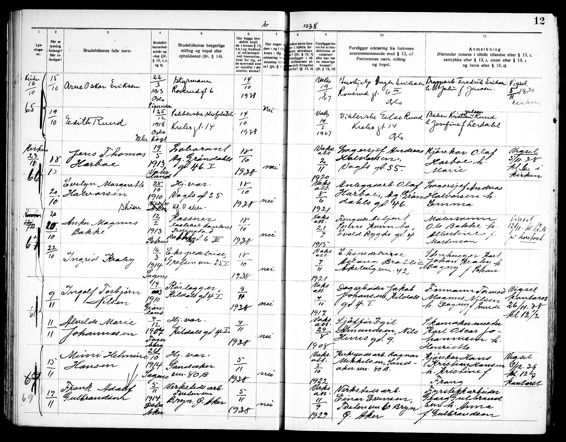 Torshov prestekontor Kirkebøker, SAO/A-10238a/H/Ha/L0002: Banns register no. 2, 1938-1945, p. 12
