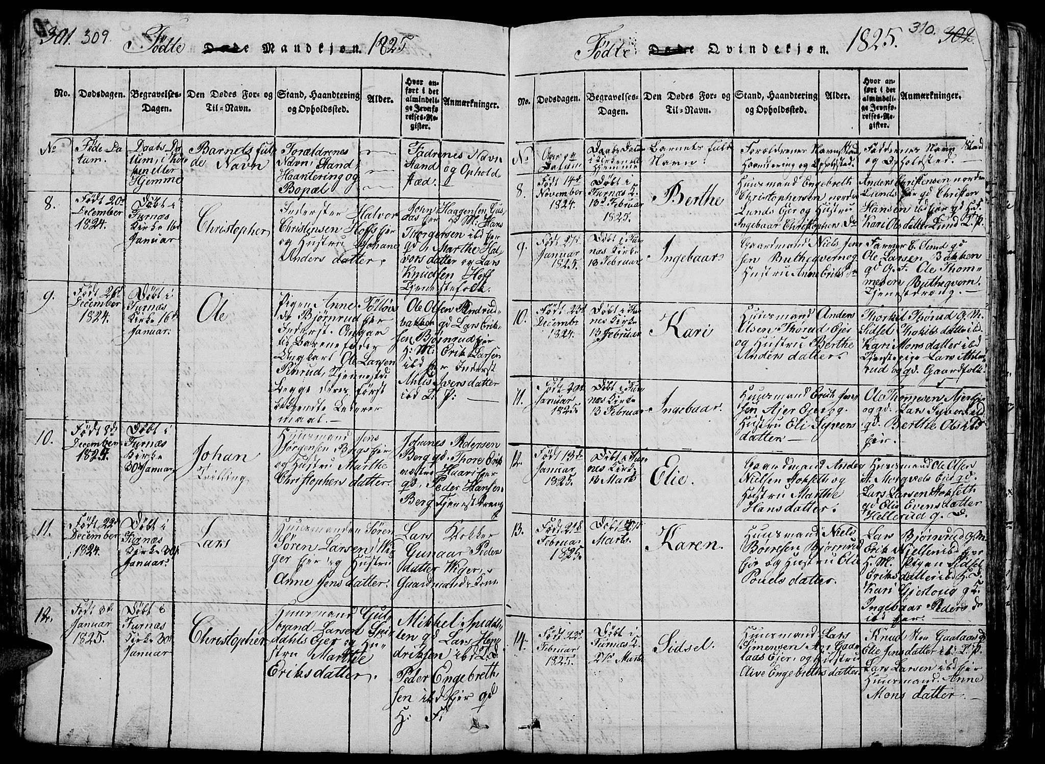 Vang prestekontor, Hedmark, SAH/PREST-008/H/Ha/Hab/L0005: Parish register (copy) no. 5, 1815-1836, p. 309-310