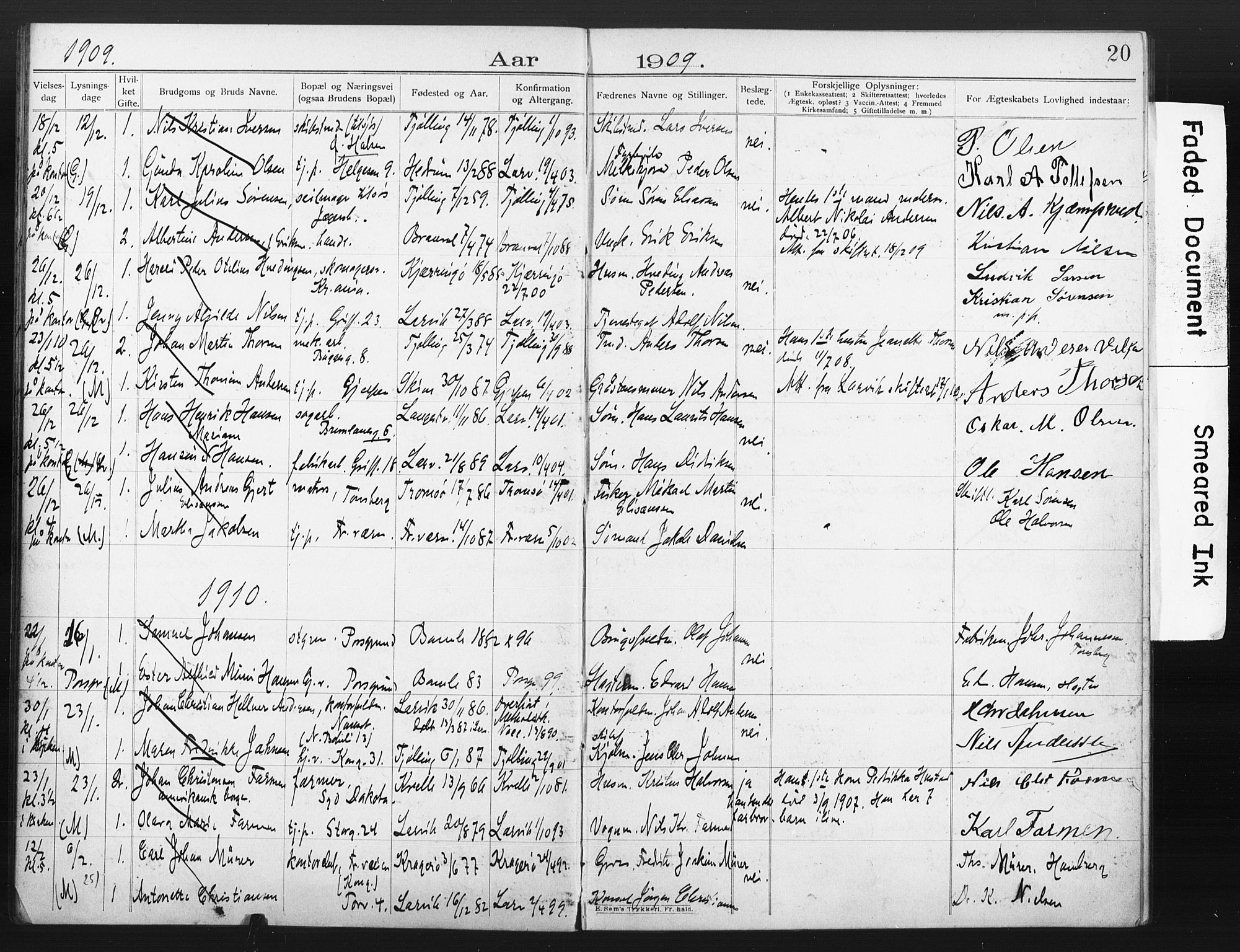 Larvik kirkebøker, AV/SAKO-A-352/H/Ha/L0003: Banns register no. 3, 1907-1918, p. 20