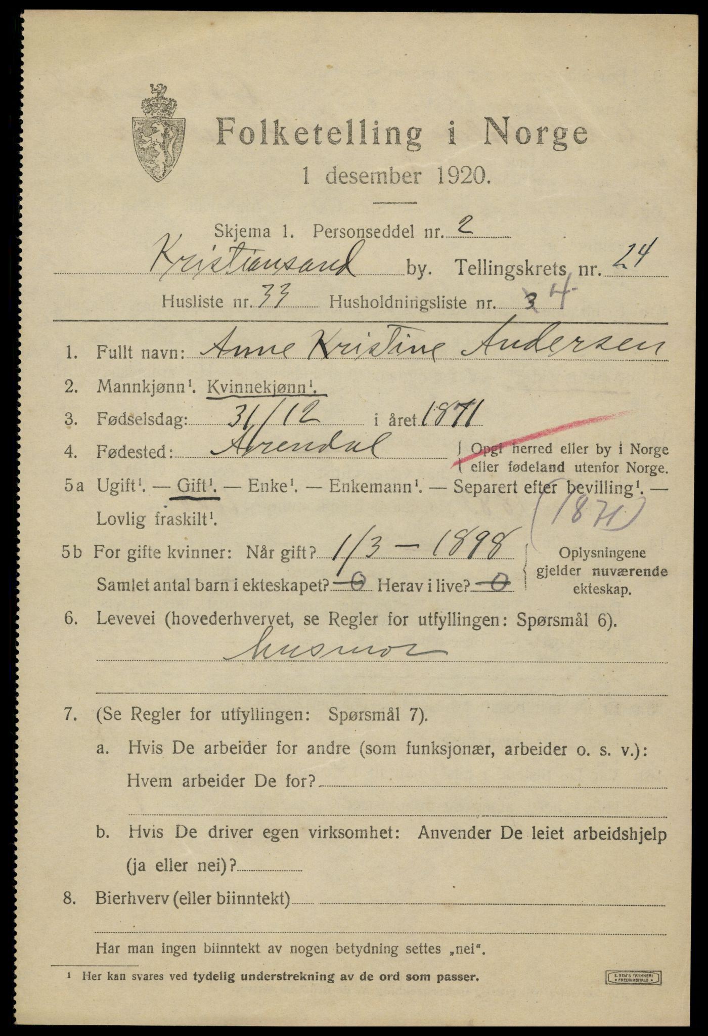 SAK, 1920 census for Kristiansand, 1920, p. 42791