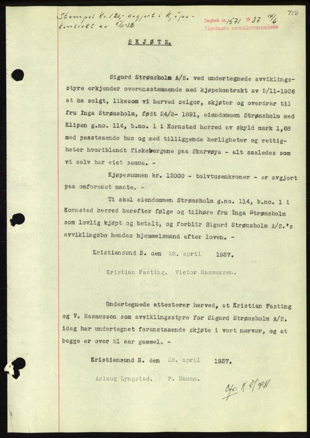 Nordmøre sorenskriveri, AV/SAT-A-4132/1/2/2Ca: Mortgage book no. A81, 1937-1937, Diary no: : 1571/1937