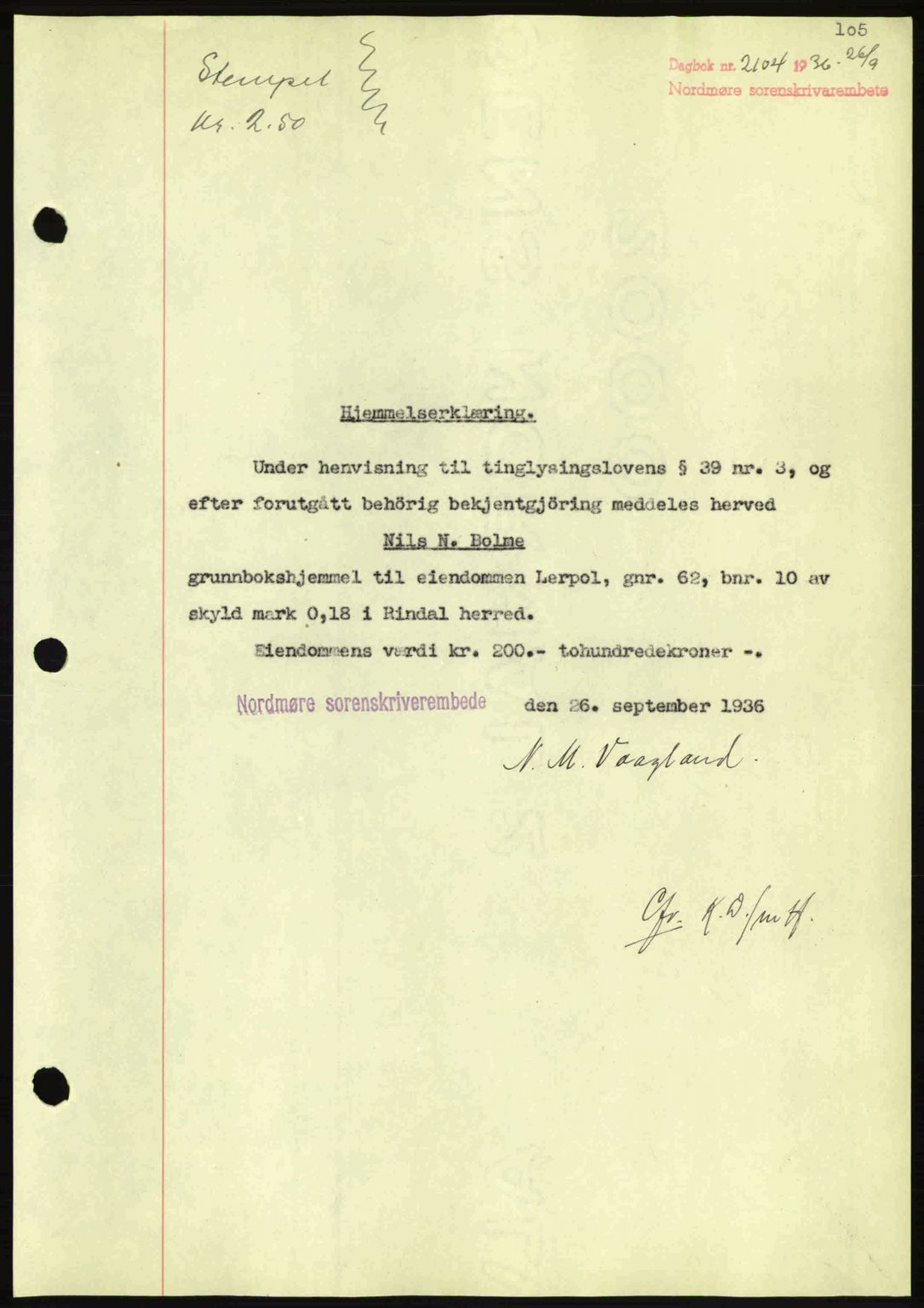 Nordmøre sorenskriveri, AV/SAT-A-4132/1/2/2Ca: Mortgage book no. A80, 1936-1937, Diary no: : 2104/1936