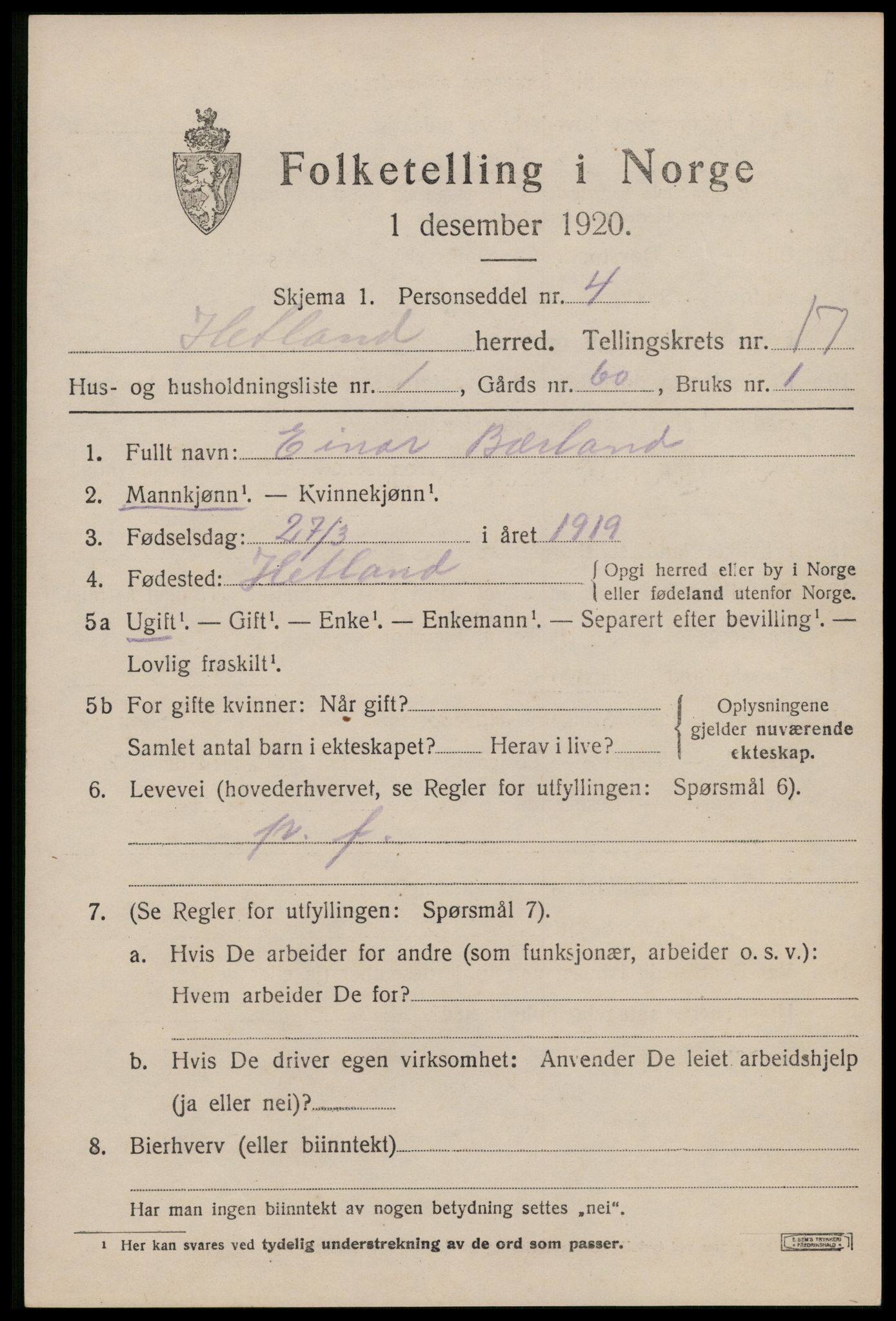 SAST, 1920 census for Hetland, 1920, p. 24545