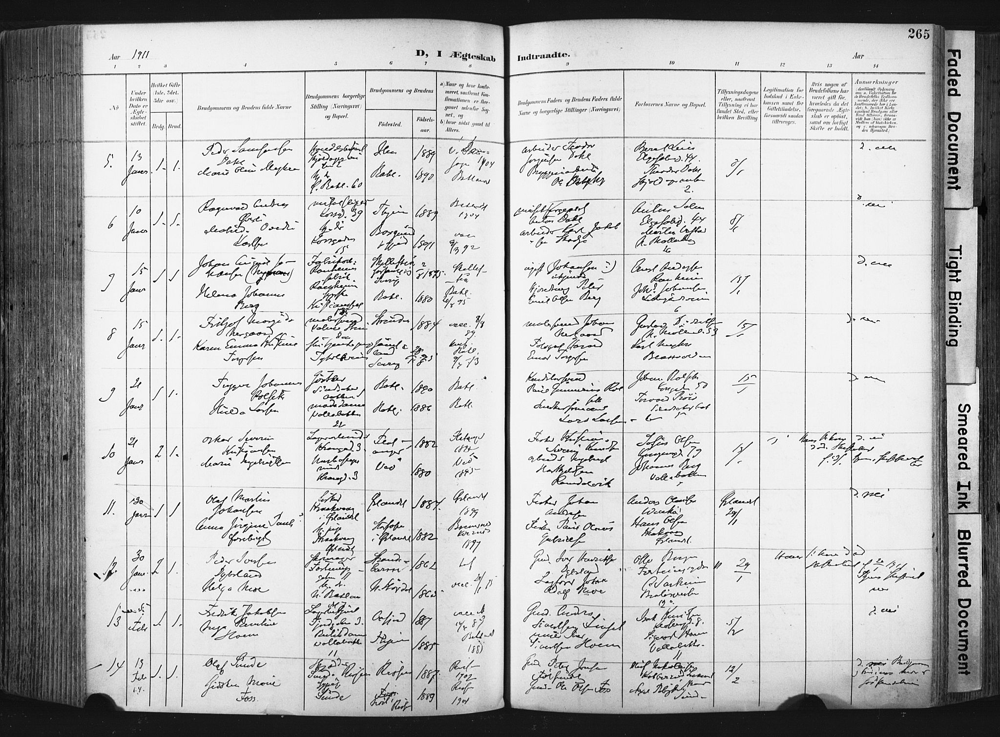 Ministerialprotokoller, klokkerbøker og fødselsregistre - Sør-Trøndelag, SAT/A-1456/604/L0201: Parish register (official) no. 604A21, 1901-1911, p. 265