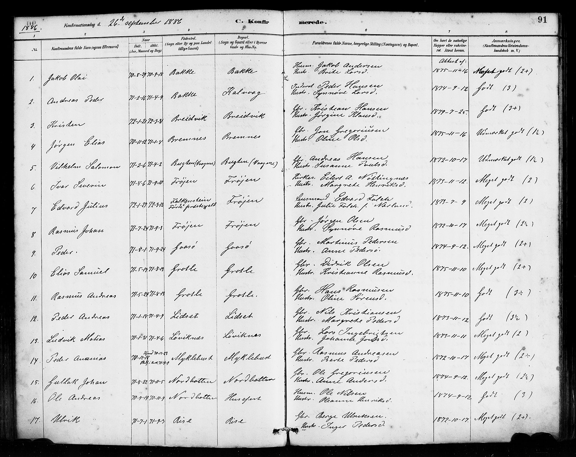 Bremanger sokneprestembete, SAB/A-82201/H/Haa/Haab/L0001: Parish register (official) no. B 1, 1884-1895, p. 91