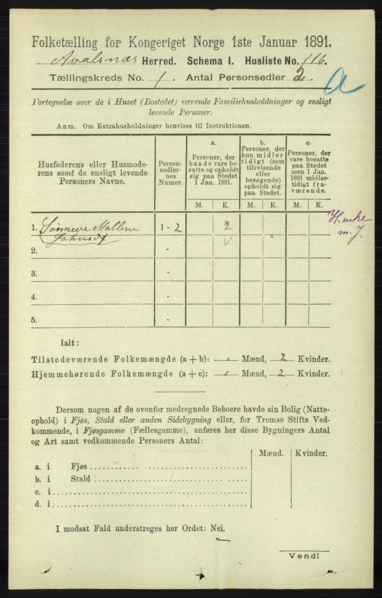 RA, 1891 census for 1147 Avaldsnes, 1891, p. 164