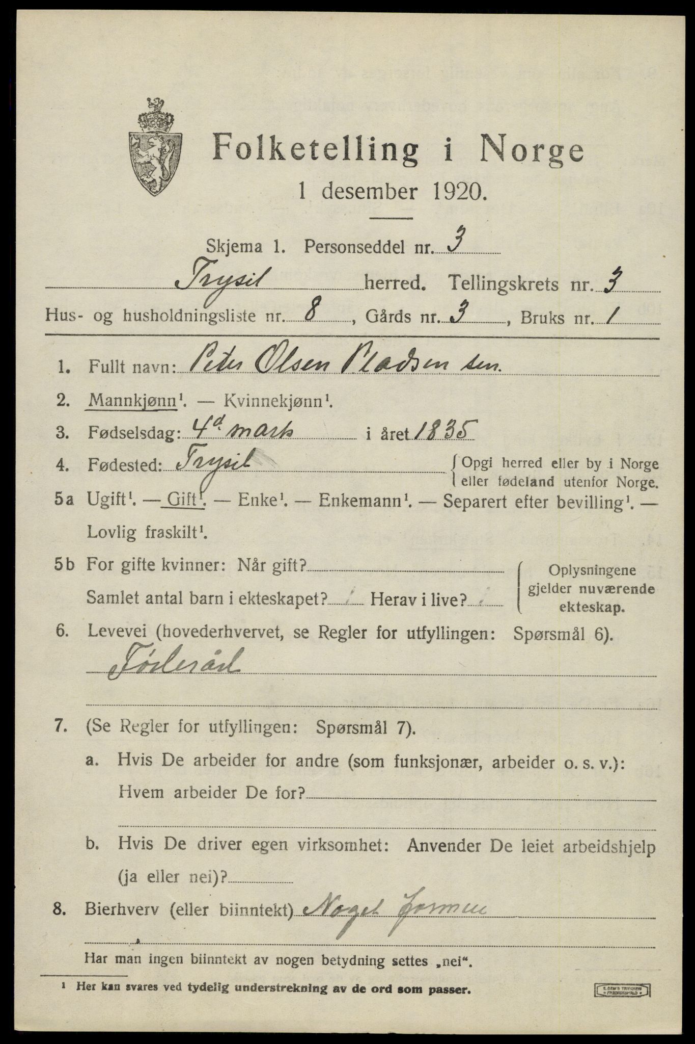 SAH, 1920 census for Trysil, 1920, p. 3569