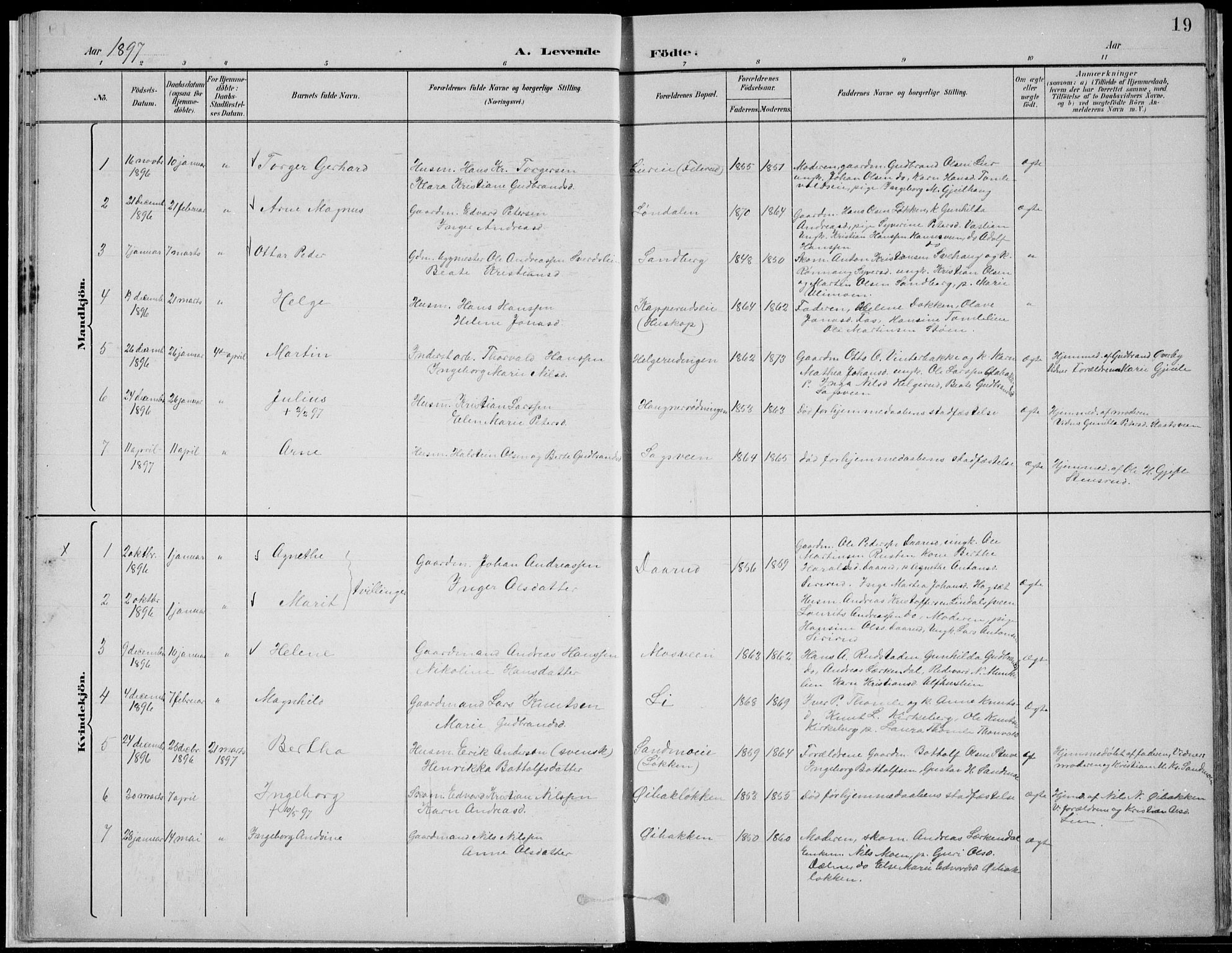 Nordre Land prestekontor, SAH/PREST-124/H/Ha/Hab/L0013: Parish register (copy) no. 13, 1891-1904, p. 19