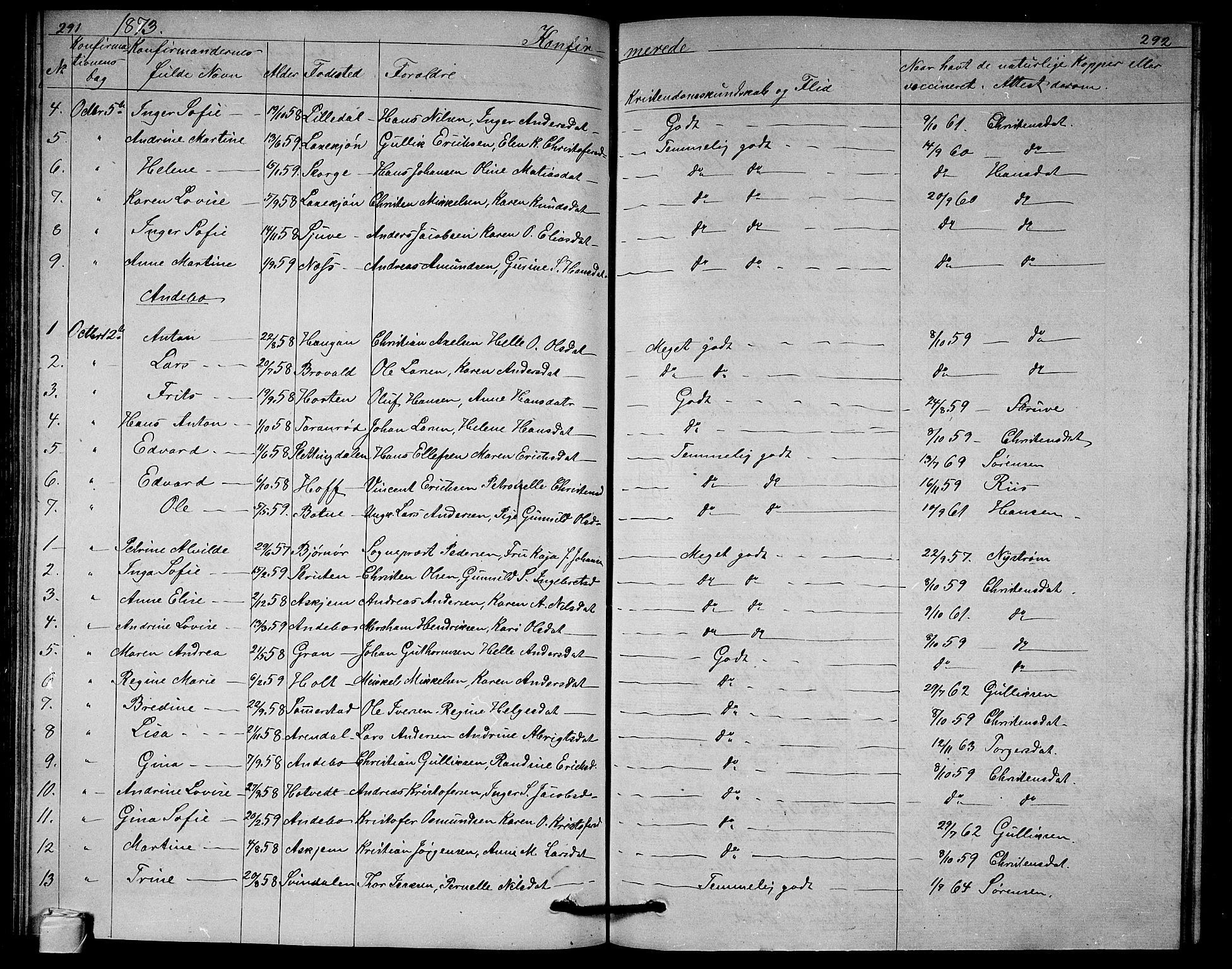 Andebu kirkebøker, AV/SAKO-A-336/G/Ga/L0004: Parish register (copy) no. I 4, 1868-1882, p. 291-292