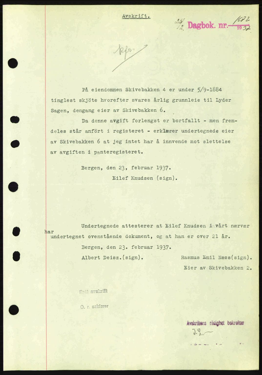 Byfogd og Byskriver i Bergen, SAB/A-3401/03/03Bc/L0004: Mortgage book no. A3-4, 1936-1937, Diary no: : 1672/1937