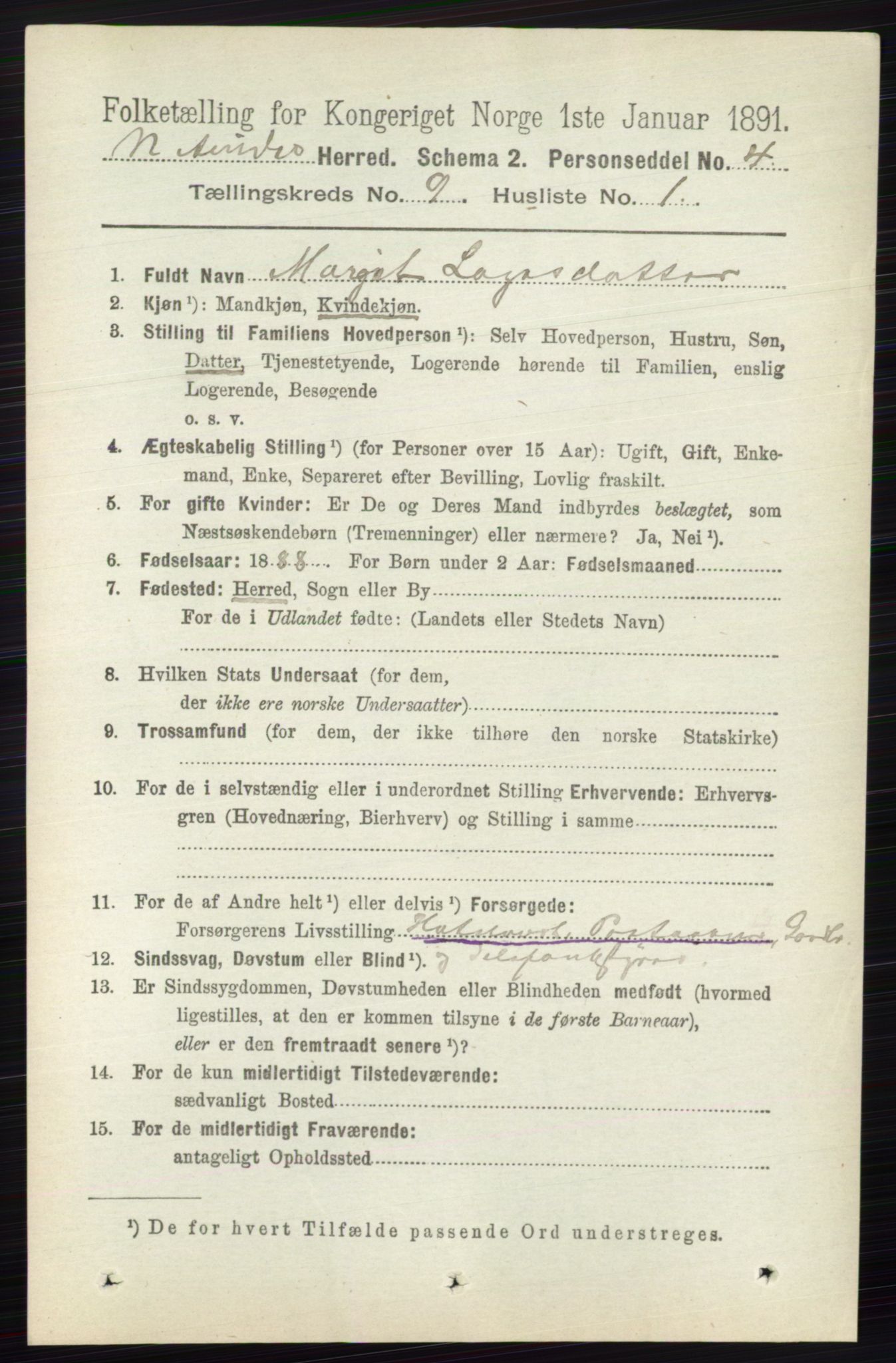 RA, 1891 census for 0542 Nord-Aurdal, 1891, p. 3419