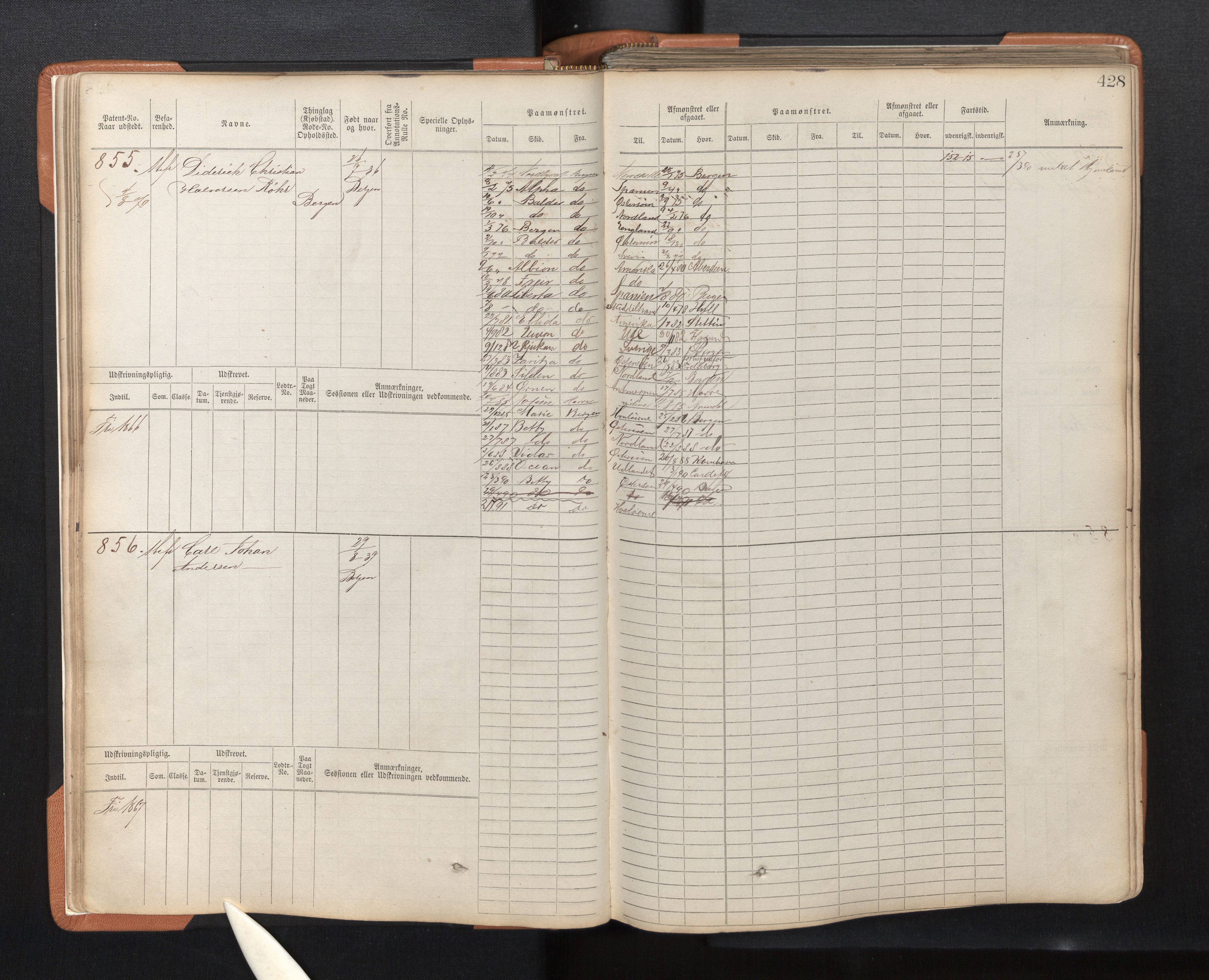 Innrulleringssjefen i Bergen, AV/SAB-A-100050/F/Fc/L0002: Sjøfartshovedrulle, nr. 795 - 1610, 1869-1871, p. 428