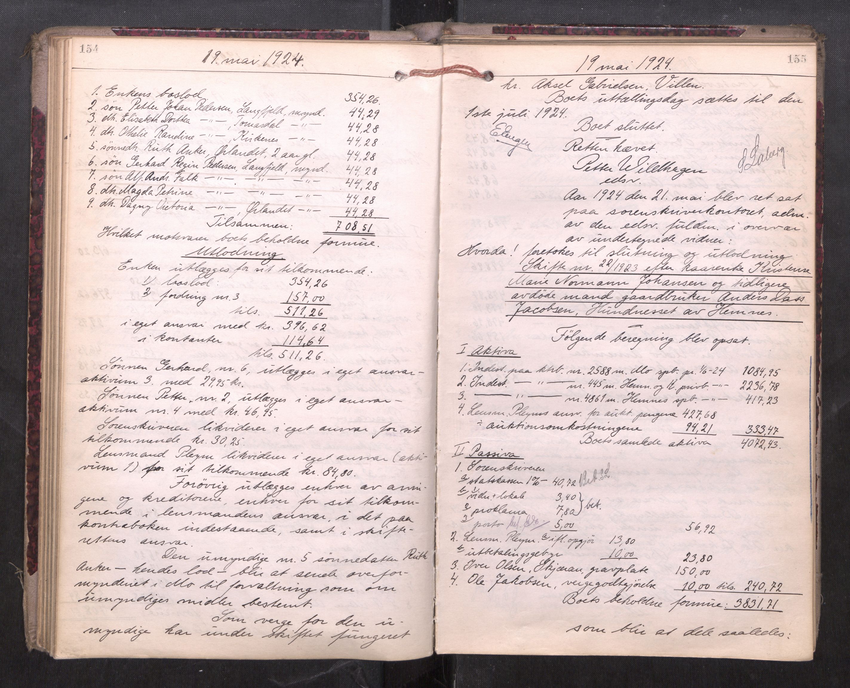 Rana sorenskriveri , AV/SAT-A-1108/1/3/3A/L0010: Skifteslutningsprotokoll, 1921-1927, p. 154-155