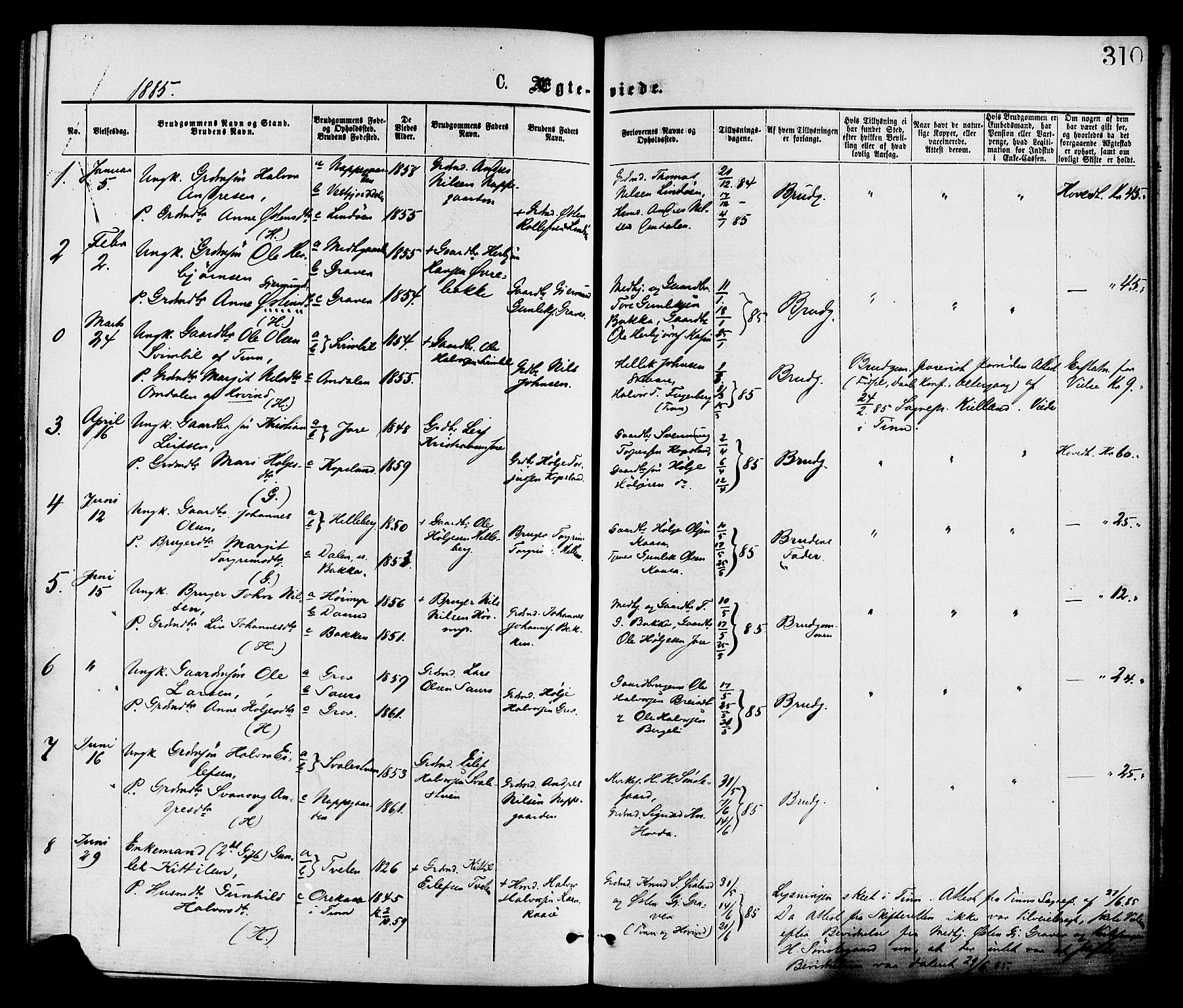 Gransherad kirkebøker, AV/SAKO-A-267/F/Fa/L0004: Parish register (official) no. I 4, 1871-1886, p. 310