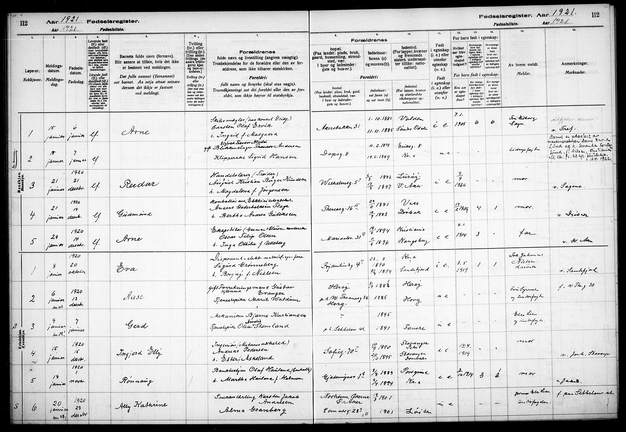 Gamle Aker prestekontor Kirkebøker, AV/SAO-A-10617a/J/L0001: Birth register no. 1, 1916-1927, p. 112