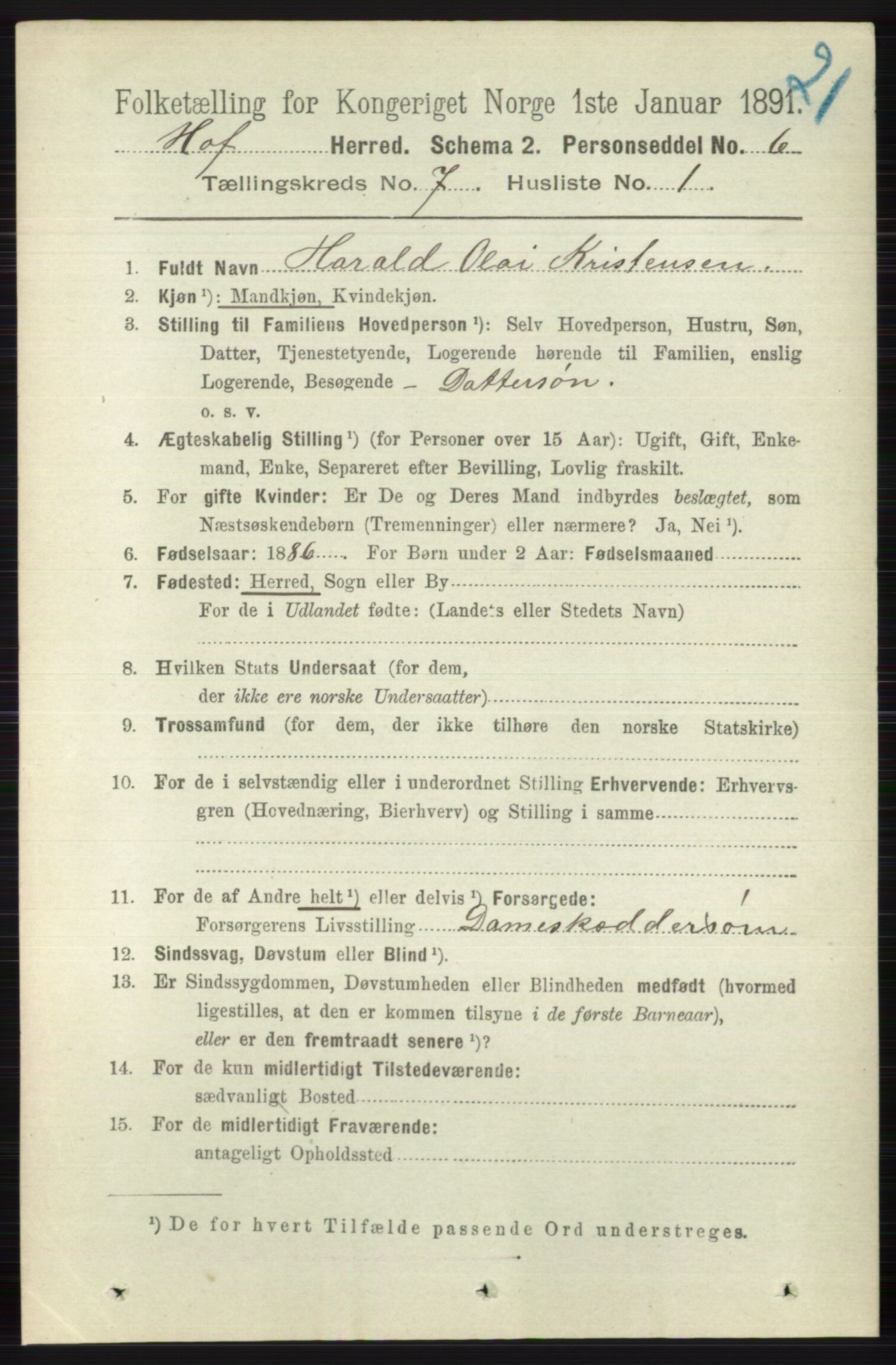 RA, 1891 census for 0714 Hof, 1891, p. 2430