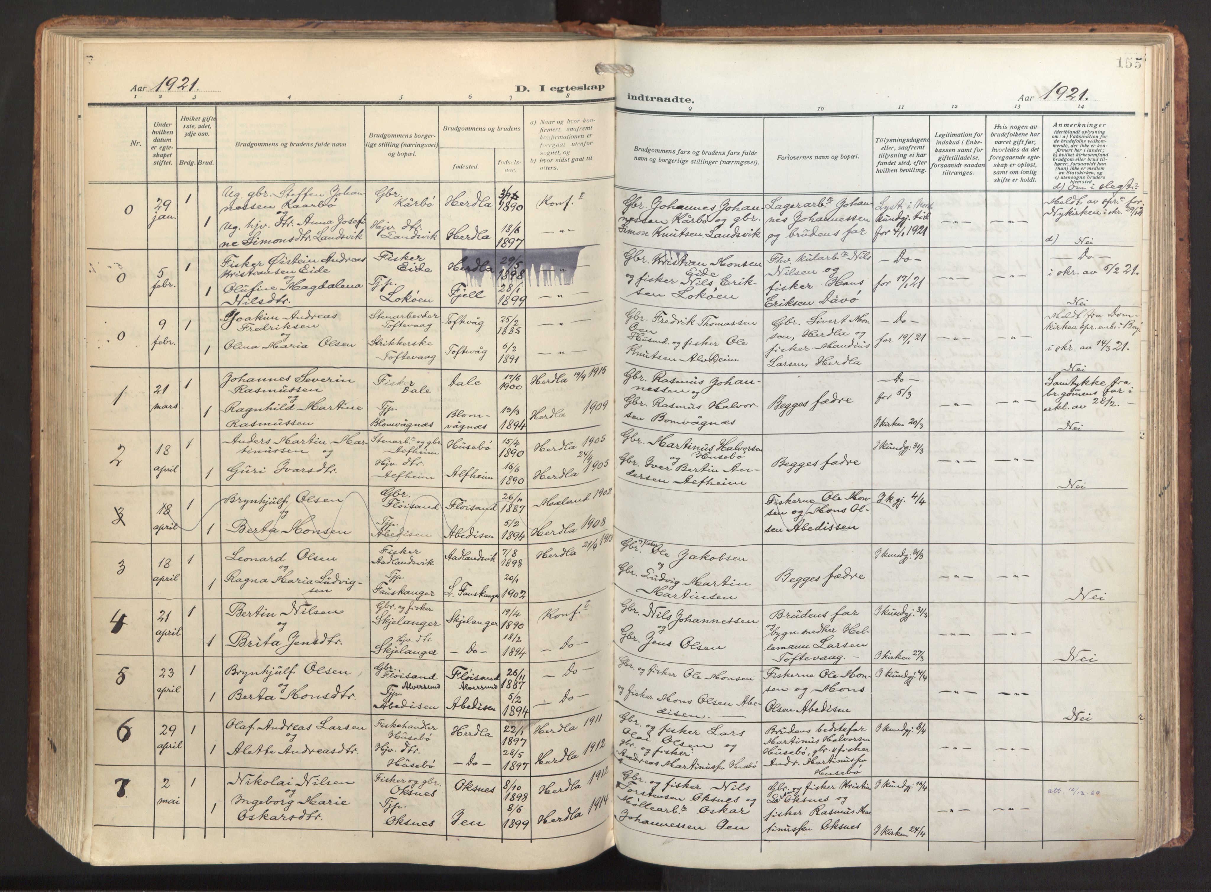 Herdla Sokneprestembete, SAB/A-75701/H/Haa: Parish register (official) no. A 6, 1918-1933, p. 155
